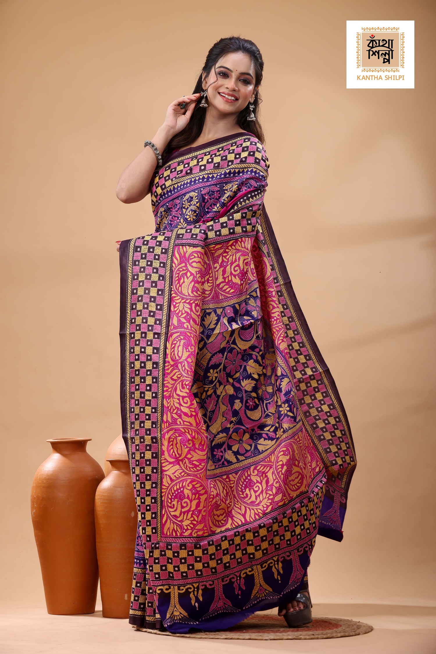 Multicolor Dye Pure Bangalore Silk Multicolor Thread Work Kantha Stitch Saree
