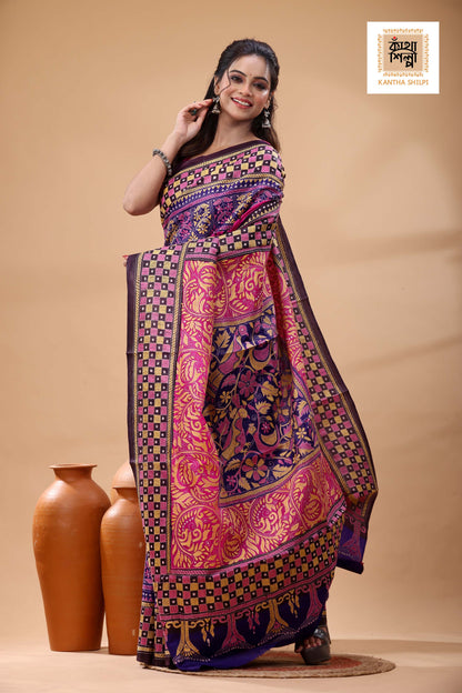 Multicolor Dye Pure Bangalore Silk Multicolor Thread Work Kantha Stitch Saree