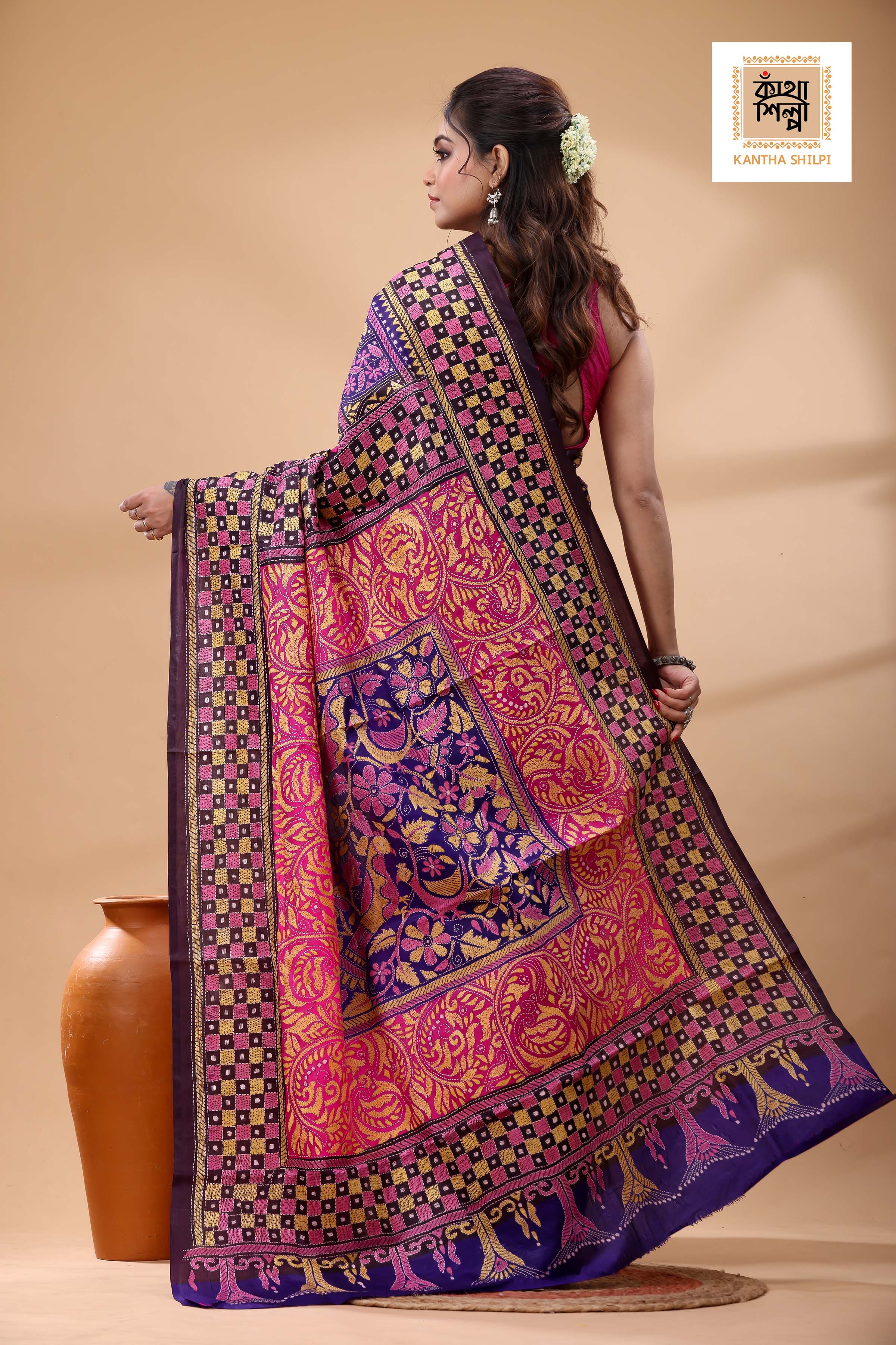 Multicolor Dye Pure Bangalore Silk Multicolor Thread Work Kantha Stitch Saree