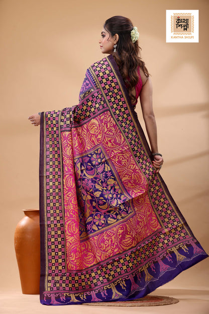 Multicolor Dye Pure Bangalore Silk Multicolor Thread Work Kantha Stitch Saree