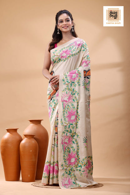 Pure Gachi Tussar Multicolor Thread Work Kantha Stitch Saree