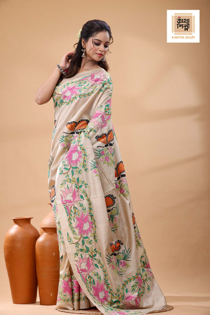 Pure Gachi Tussar Multicolor Thread Work Kantha Stitch Saree