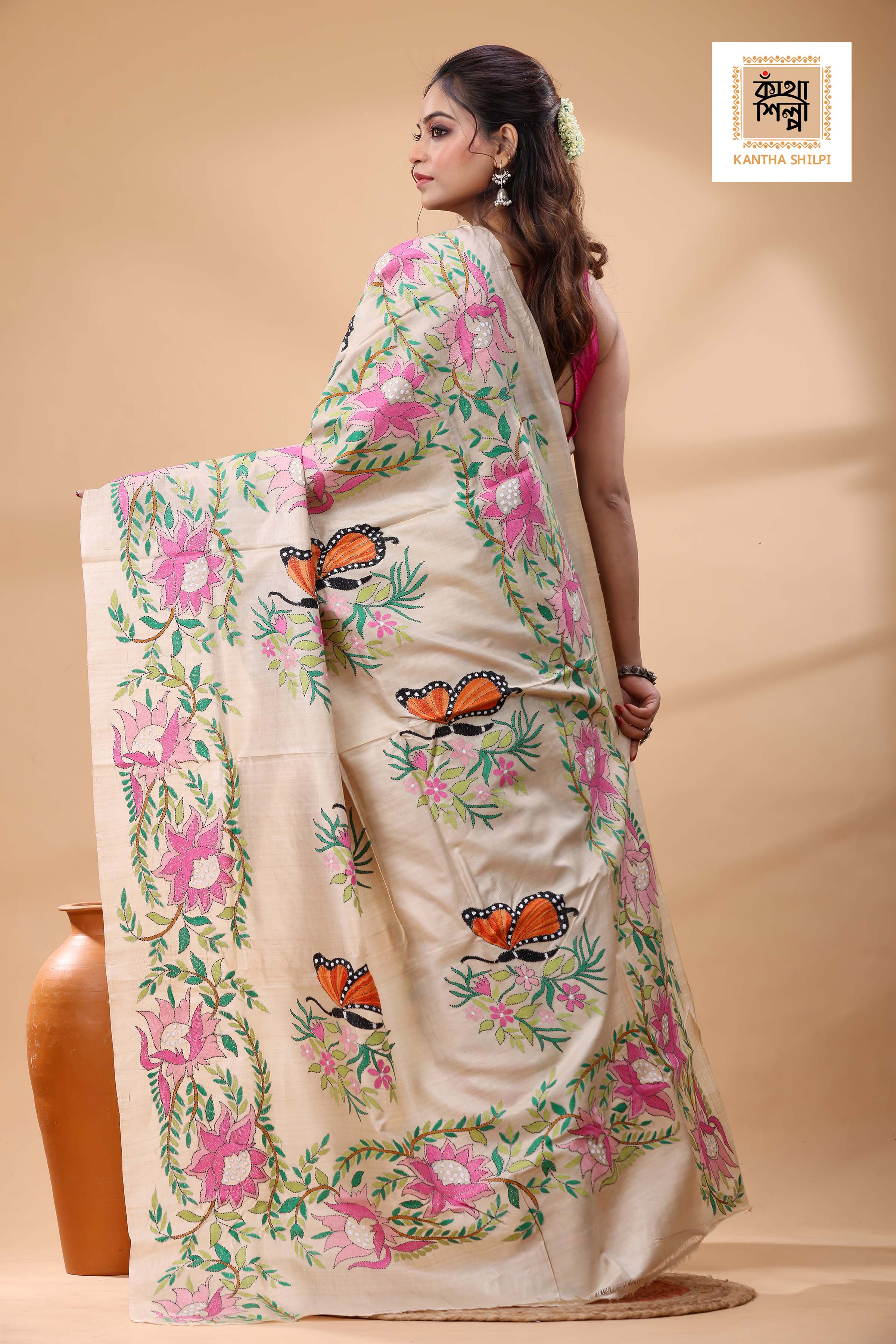 Pure Gachi Tussar Multicolor Thread Work Kantha Stitch Saree