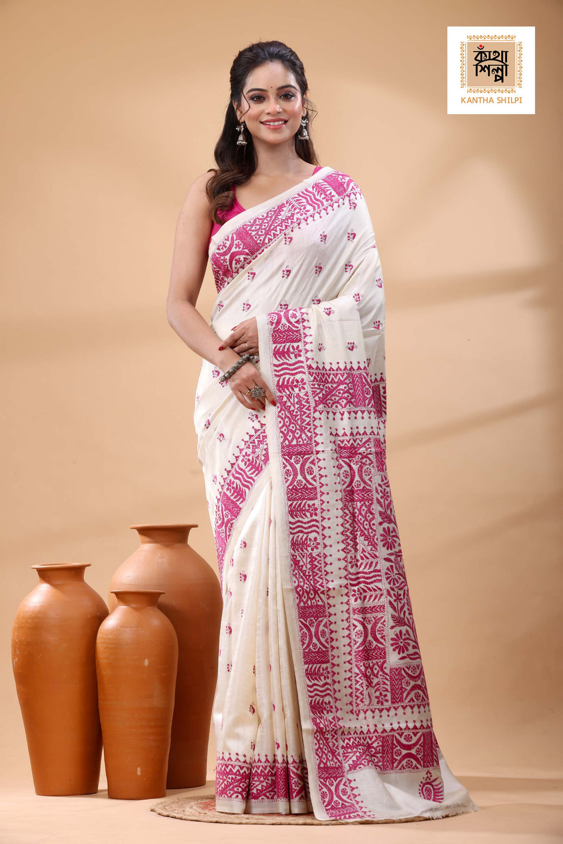 Pure Tussar Pink Color Thread Work Kantha Stitch Saree