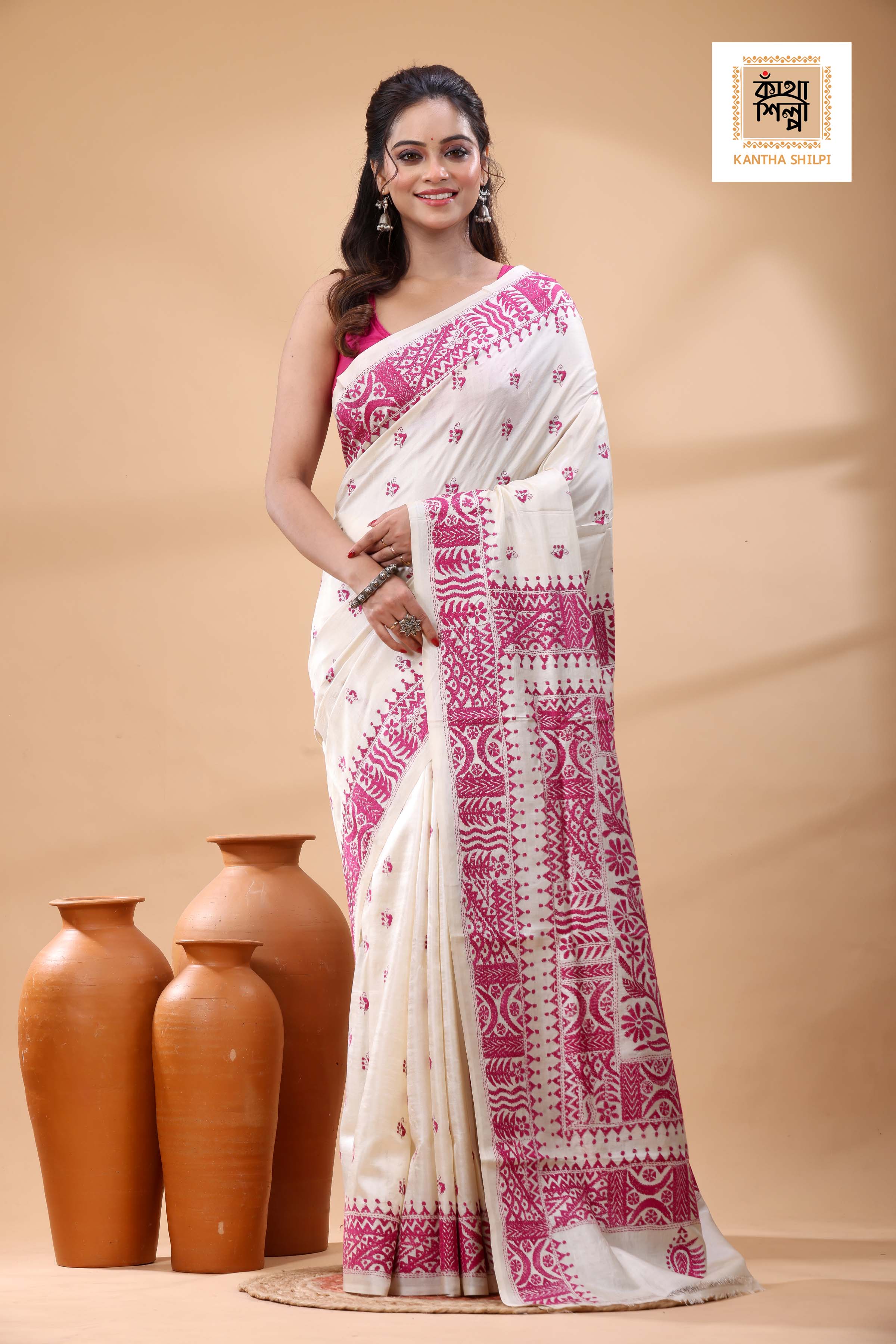 Pure Tussar Pink Color Thread Work Kantha Stitch Saree