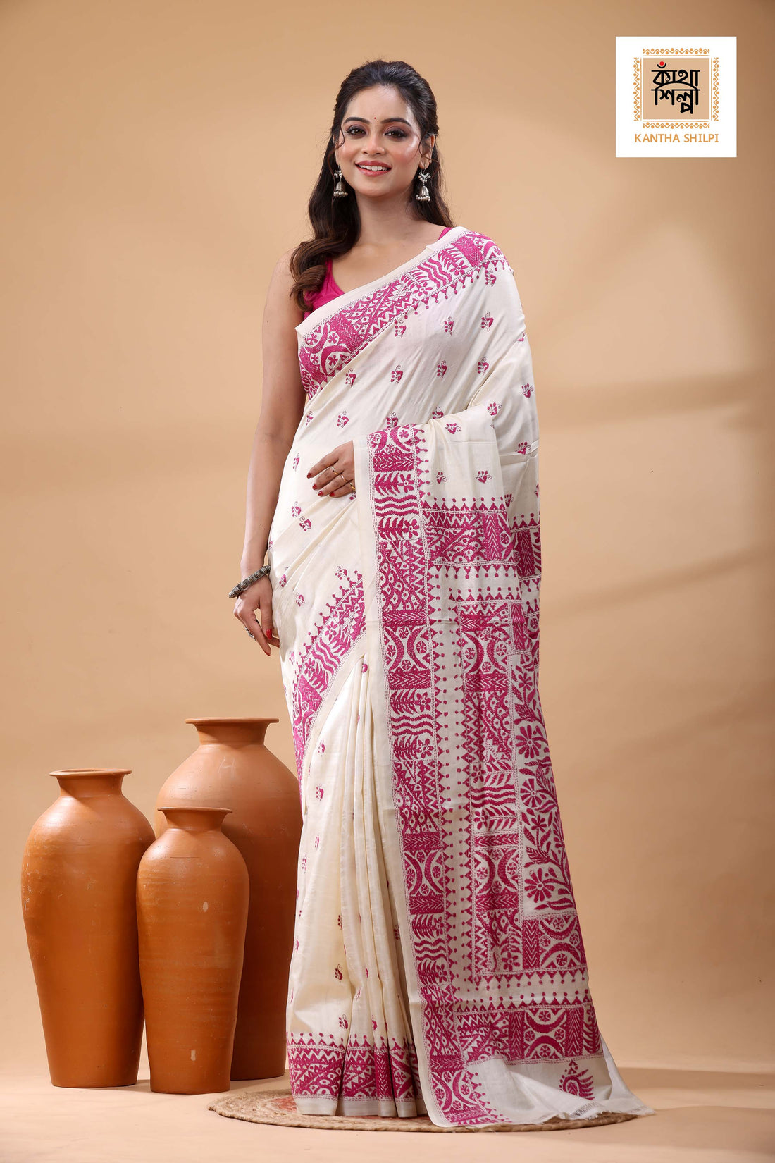 Pure Tussar Pink Color Thread Work Kantha Stitch Saree