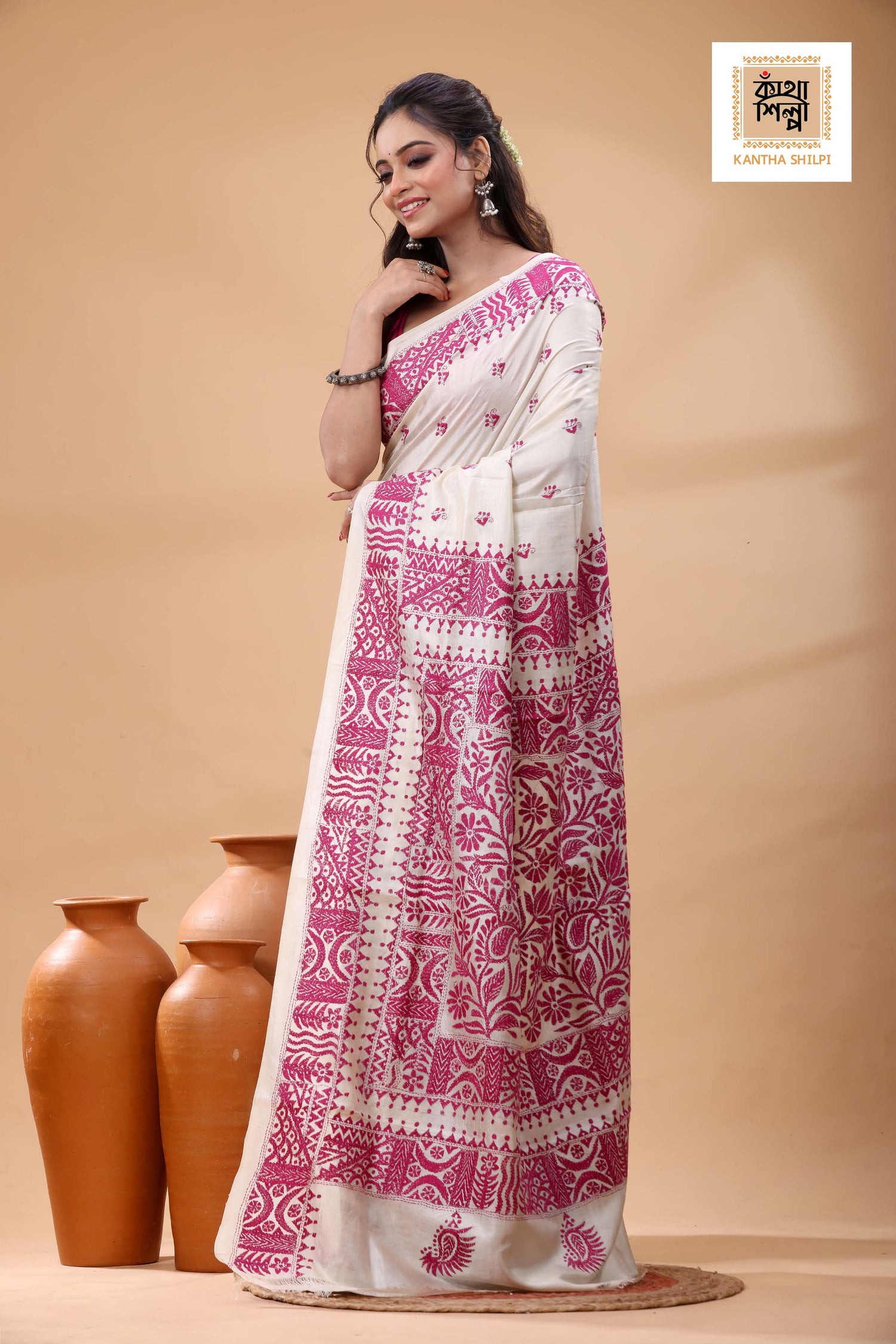 Pure Tussar Pink Color Thread Work Kantha Stitch Saree
