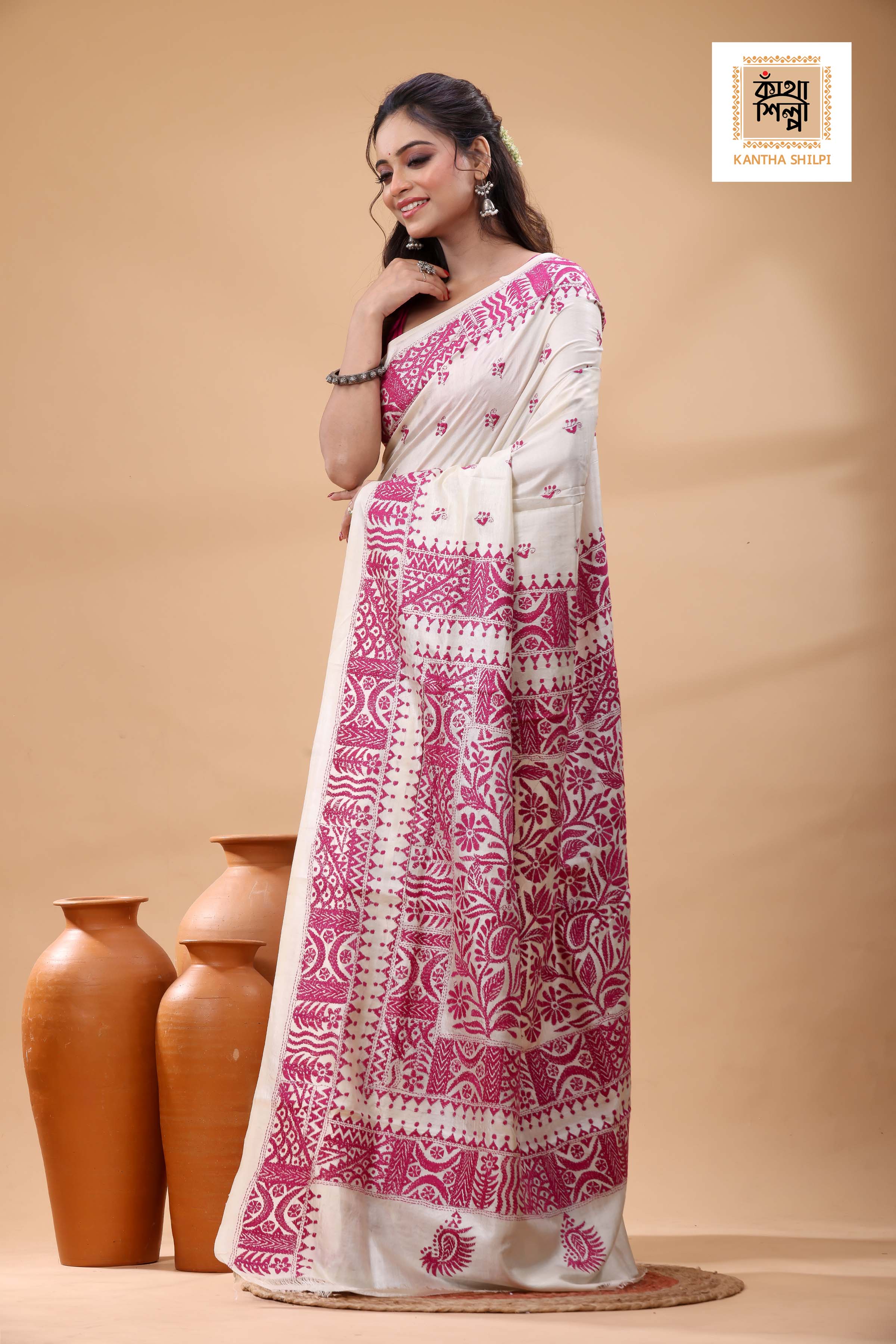 Pure Tussar Pink Color Thread Work Kantha Stitch Saree