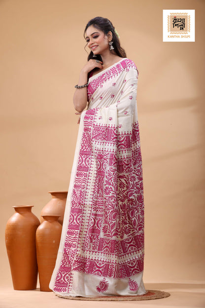 Pure Tussar Pink Color Thread Work Kantha Stitch Saree