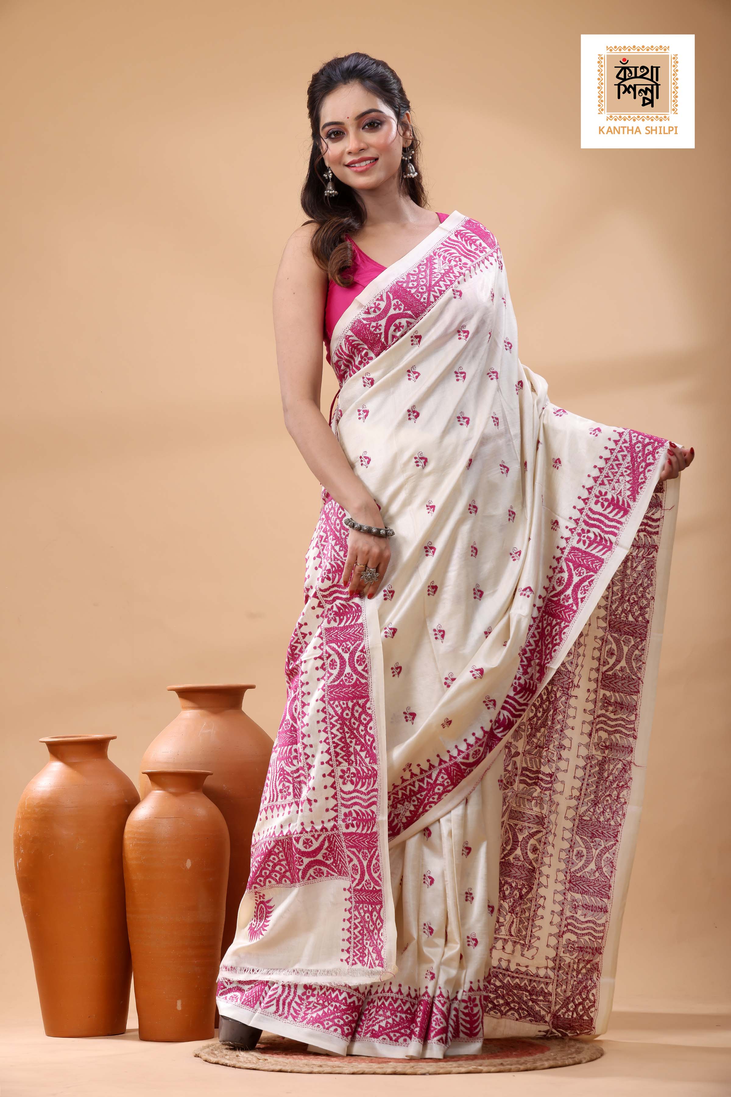 Pure Tussar Pink Color Thread Work Kantha Stitch Saree