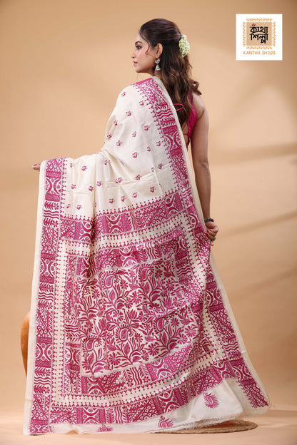Pure Tussar Pink Color Thread Work Kantha Stitch Saree