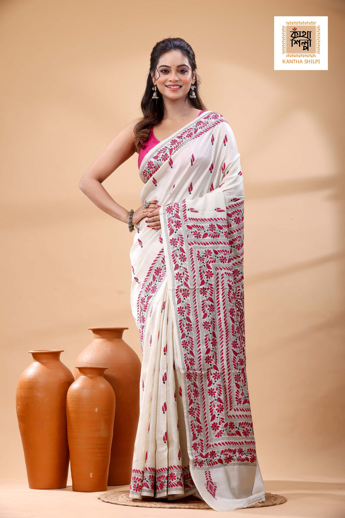 Pure Tussar Rani Color Thread Work Kantha Stitch Saree