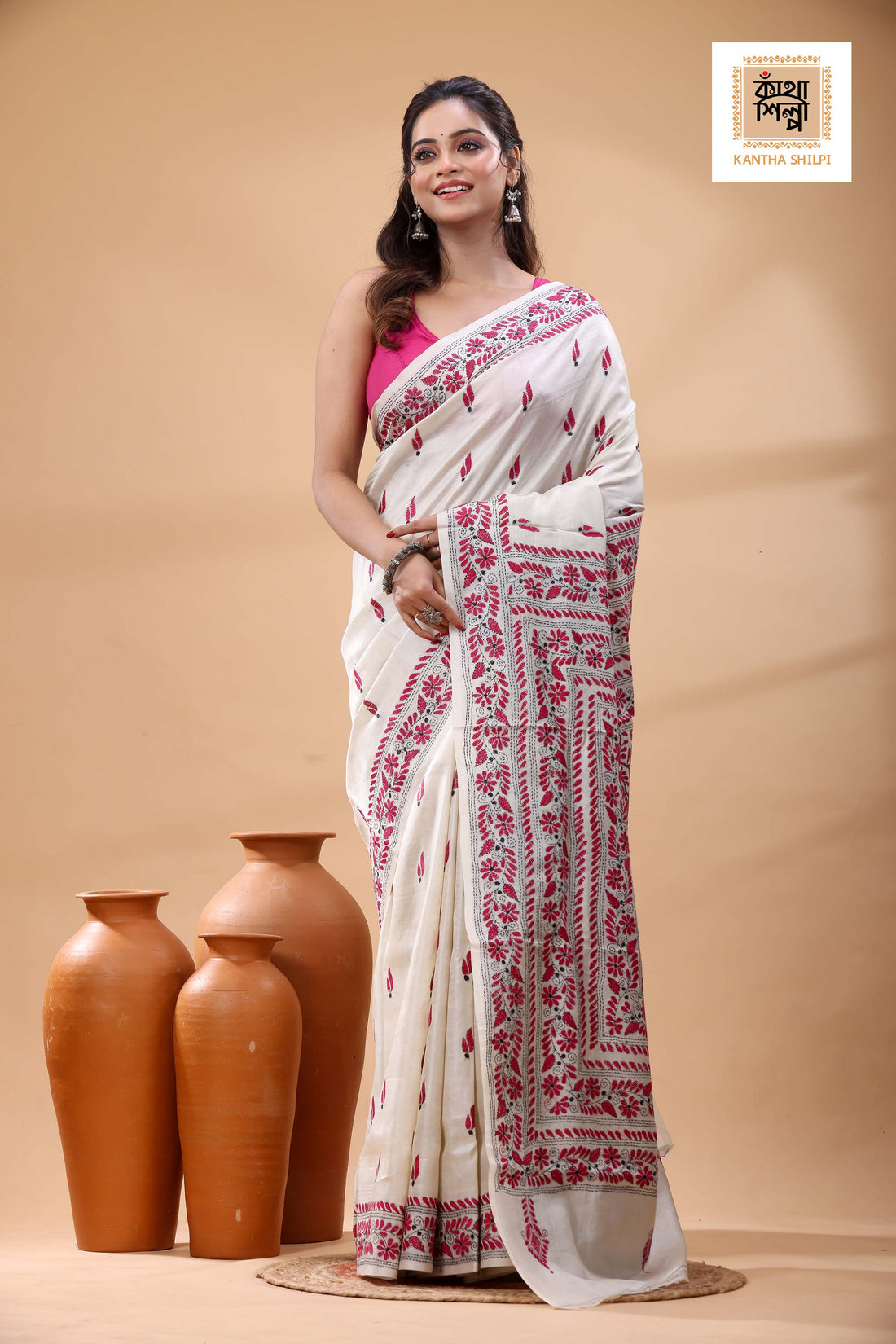 Pure Tussar Rani Color Thread Work Kantha Stitch Saree