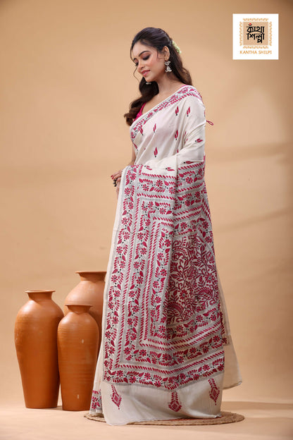 Pure Tussar Rani Color Thread Work Kantha Stitch Saree