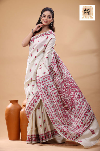 Pure Tussar Rani Color Thread Work Kantha Stitch Saree
