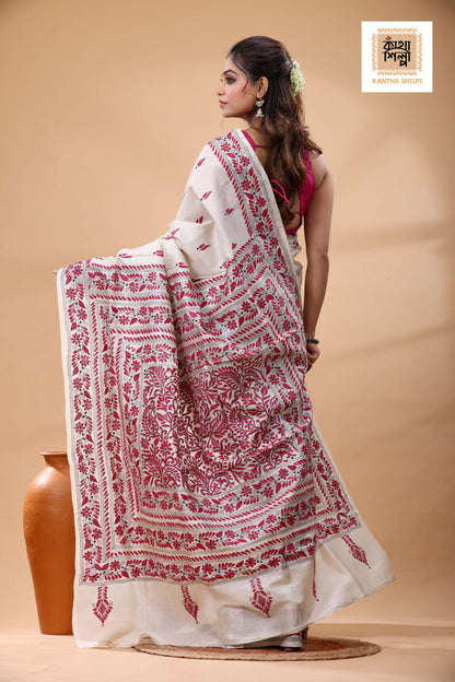 Pure Tussar Rani Color Thread Work Kantha Stitch Saree