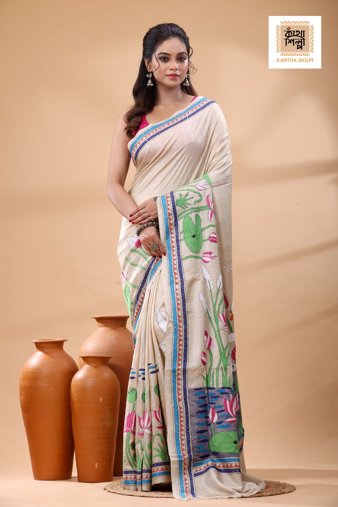 Pure Gachi Tussar Multicolor Thread Work Kantha Stitch Saree