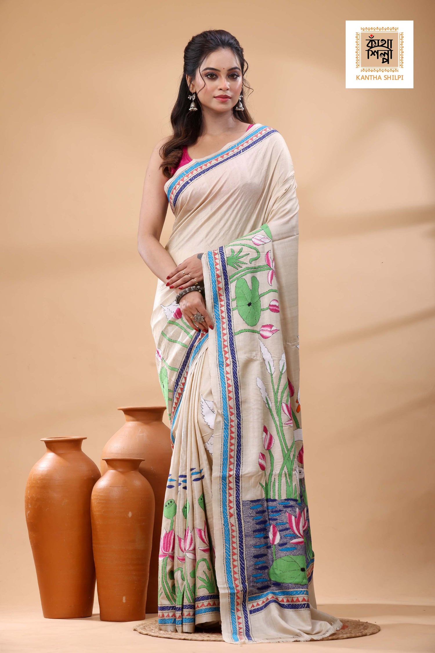 Pure Gachi Tussar Multicolor Thread Work Kantha Stitch Saree