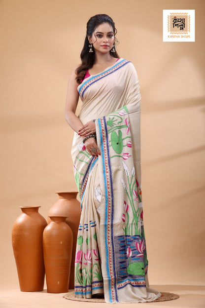 Pure Gachi Tussar Multicolor Thread Work Kantha Stitch Saree