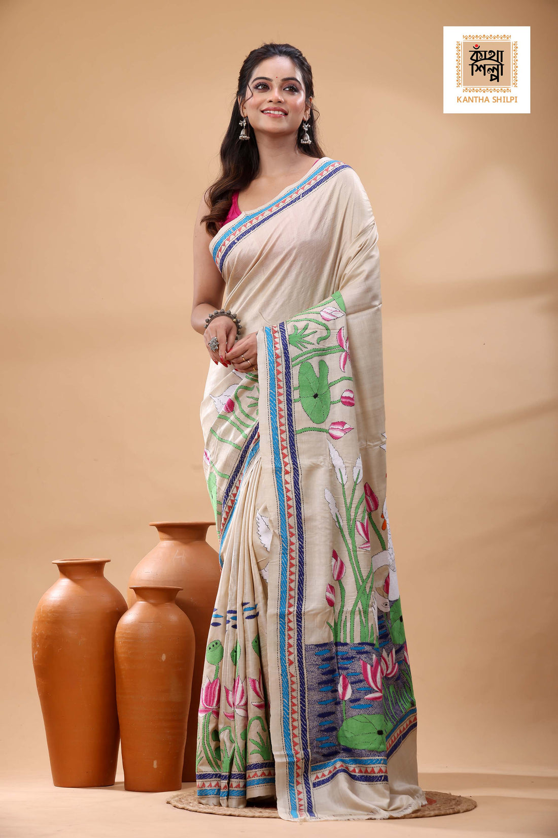 Pure Gachi Tussar Multicolor Thread Work Kantha Stitch Saree