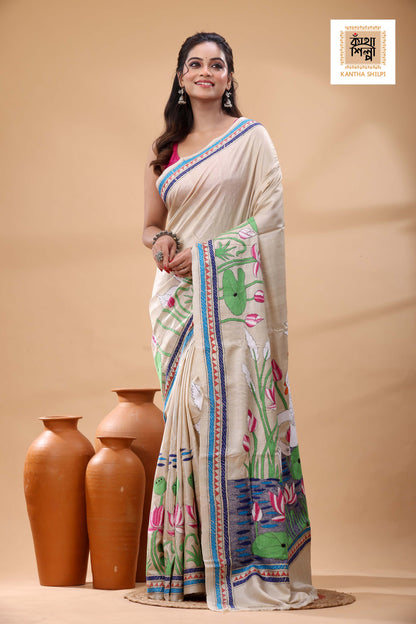 Pure Gachi Tussar Multicolor Thread Work Kantha Stitch Saree