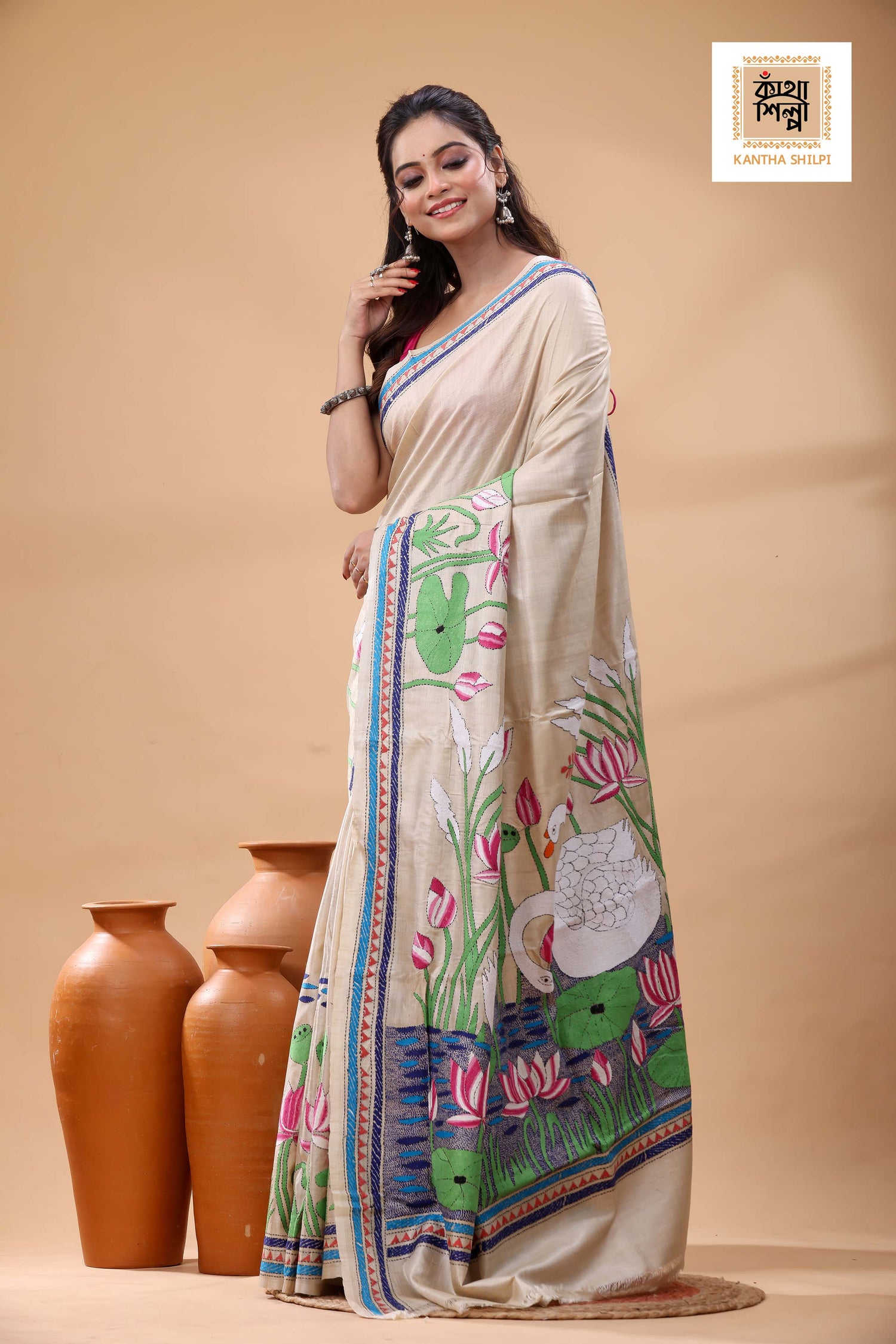 Pure Gachi Tussar Multicolor Thread Work Kantha Stitch Saree