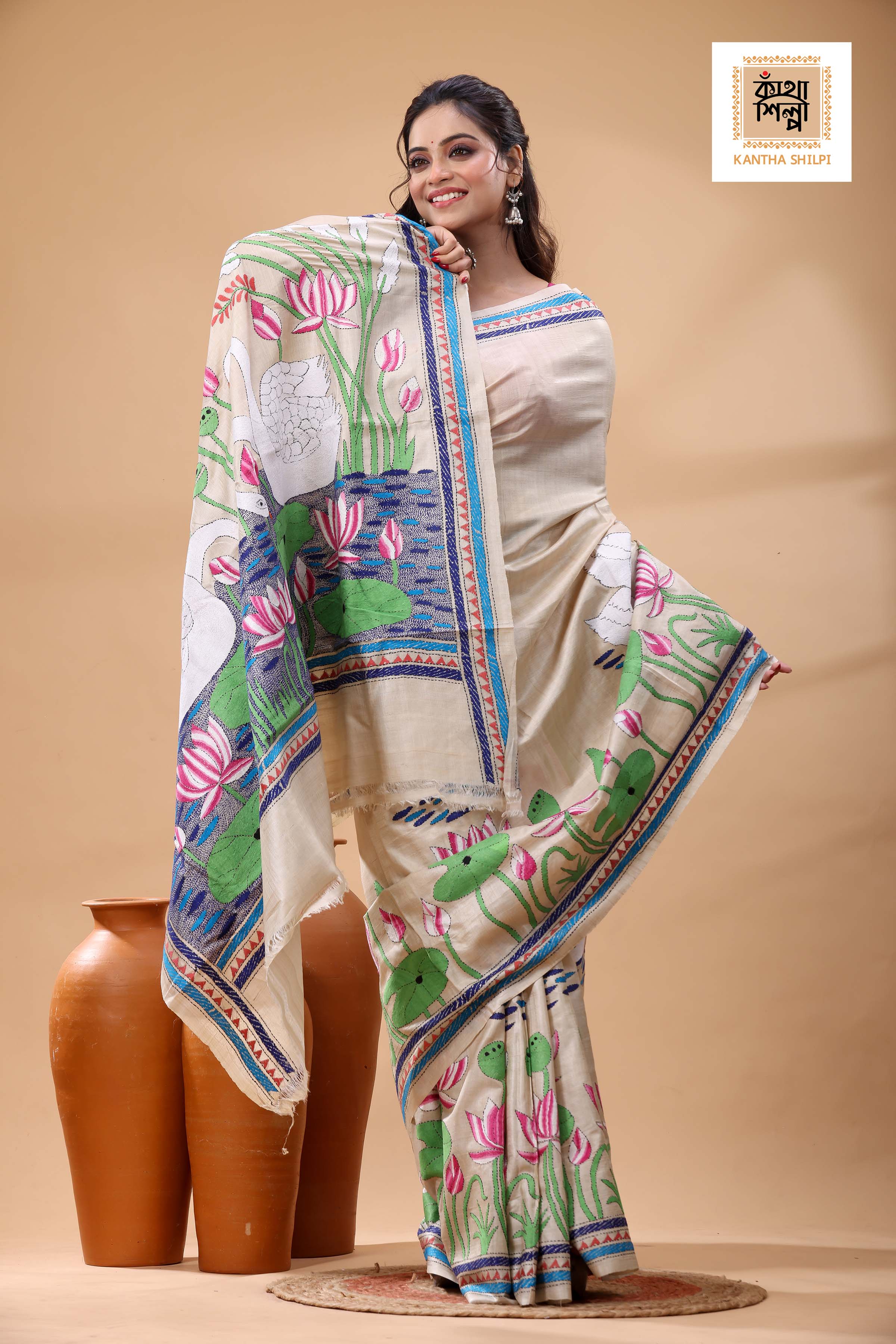 Pure Gachi Tussar Multicolor Thread Work Kantha Stitch Saree