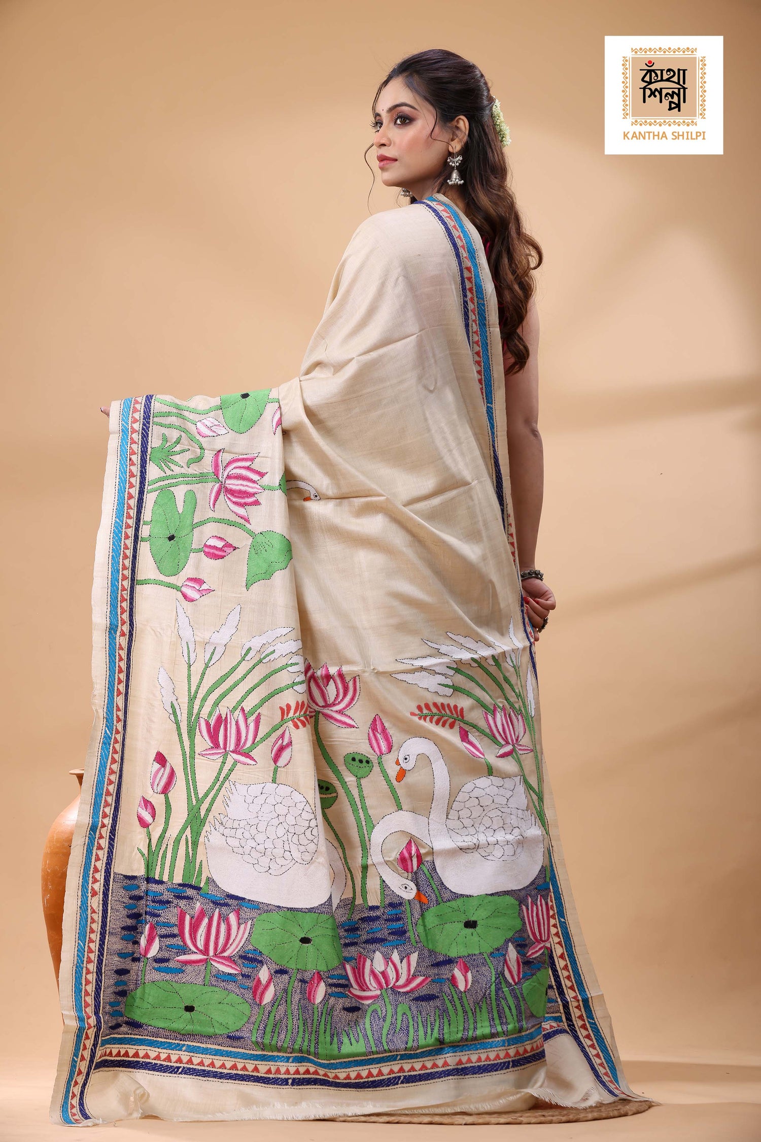 Pure Gachi Tussar Multicolor Thread Work Kantha Stitch Saree
