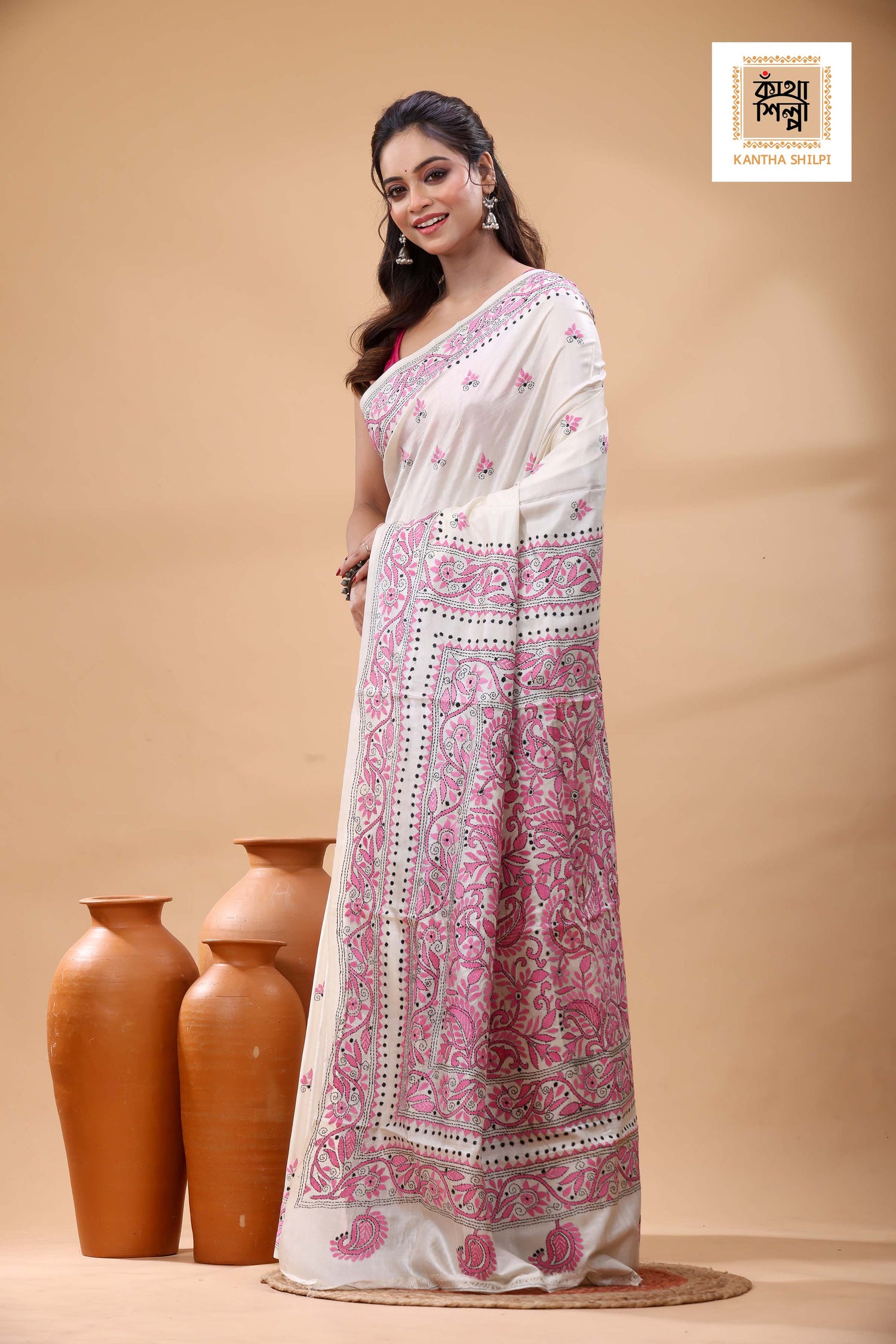 Pure Tussar Pink Black Color Thread Work Kantha Stitch Saree