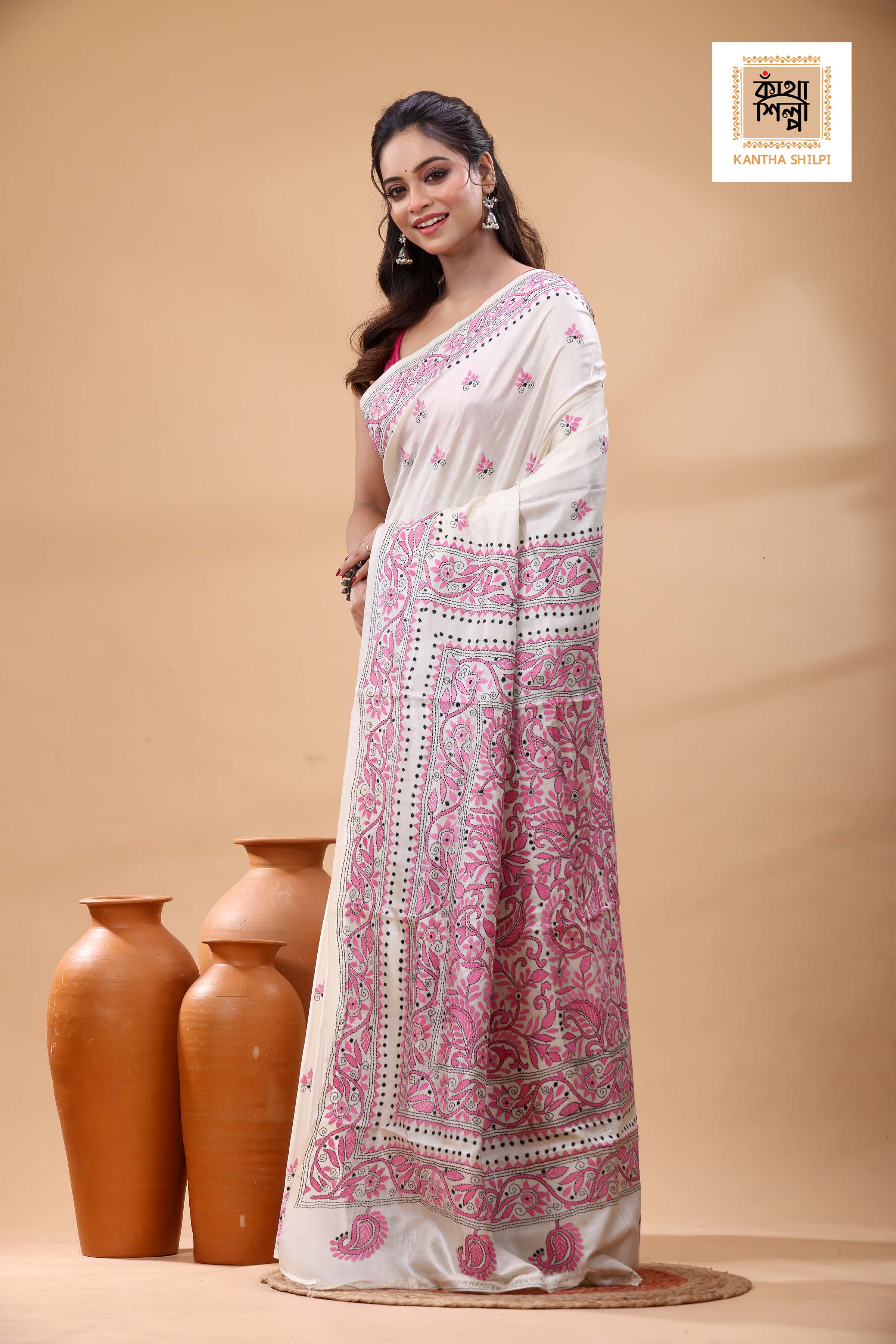 Pure Tussar Pink Black Color Thread Work Kantha Stitch Saree