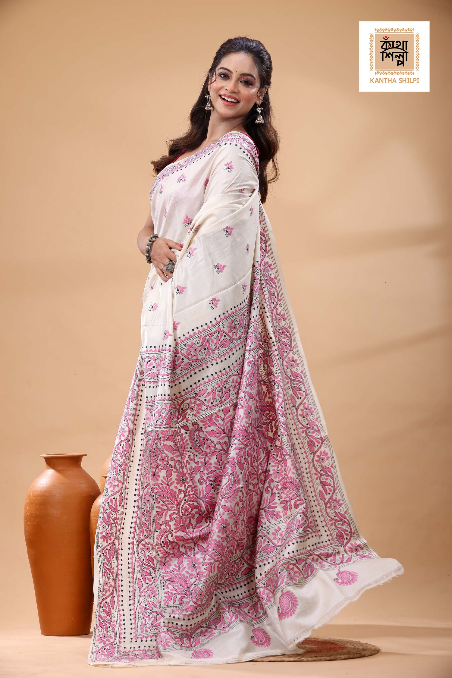 Pure Tussar Pink Black Color Thread Work Kantha Stitch Saree
