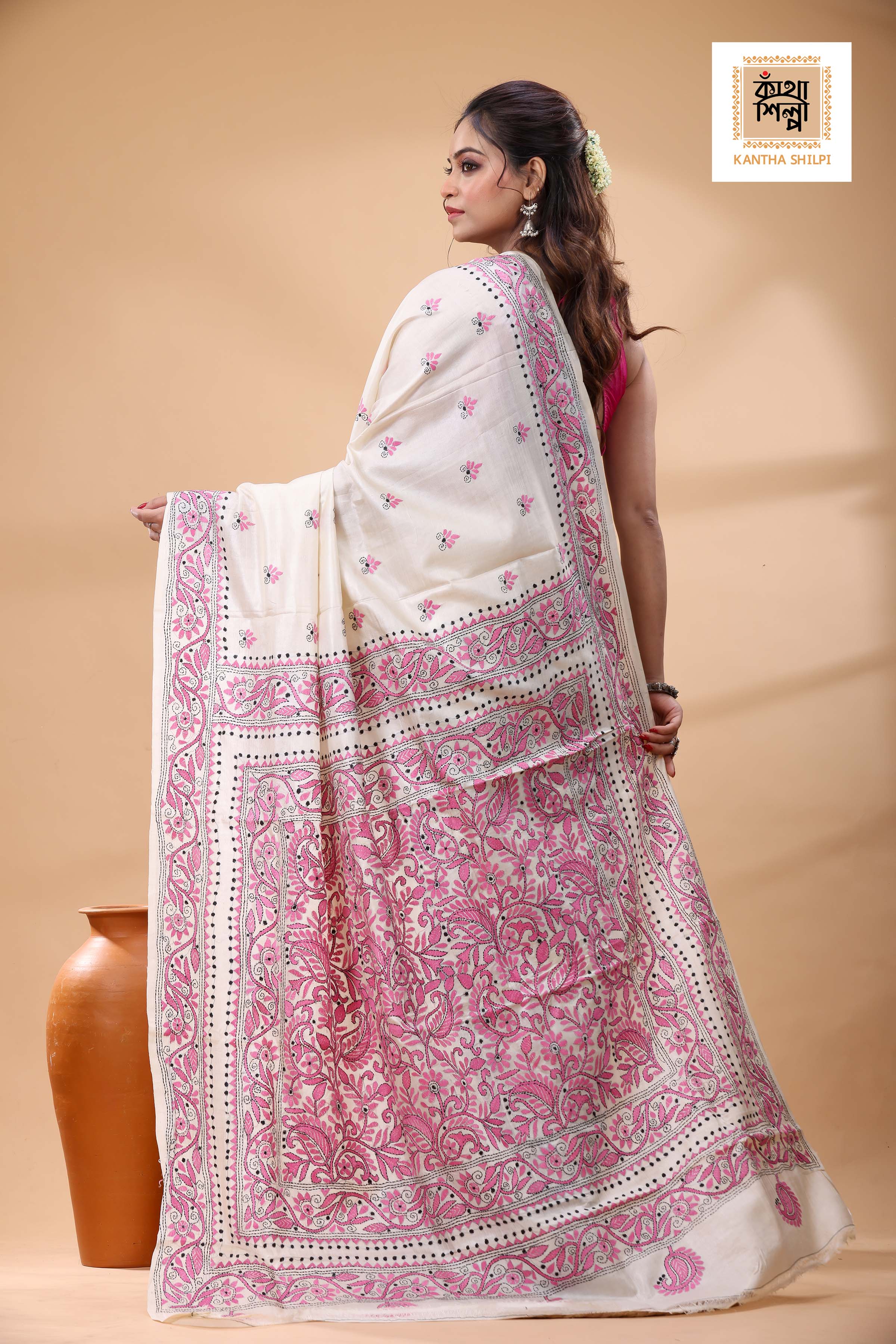 Pure Tussar Pink Black Color Thread Work Kantha Stitch Saree