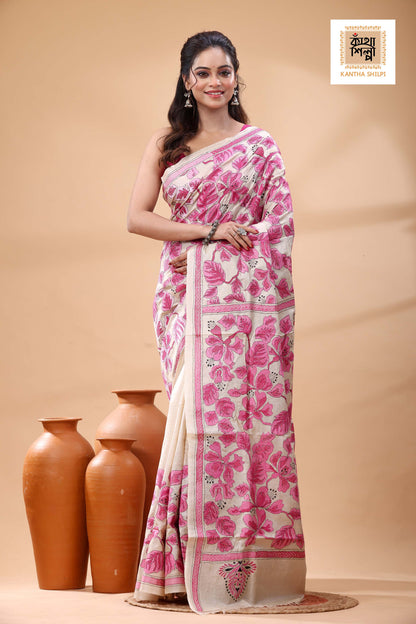 Pure Gachi Tussar Pink Color Thread Work Kantha Stitch Saree