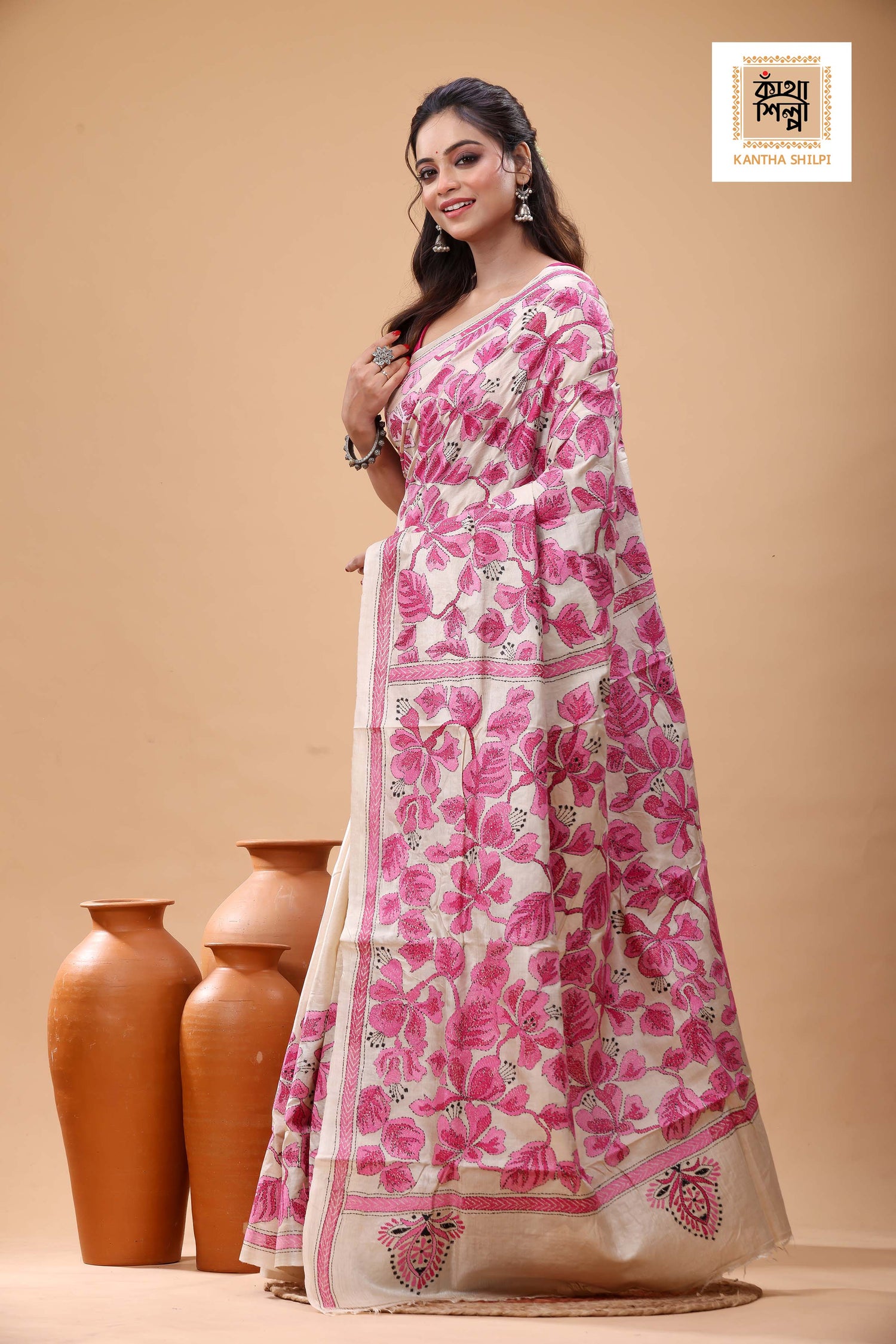 Pure Gachi Tussar Pink Color Thread Work Kantha Stitch Saree