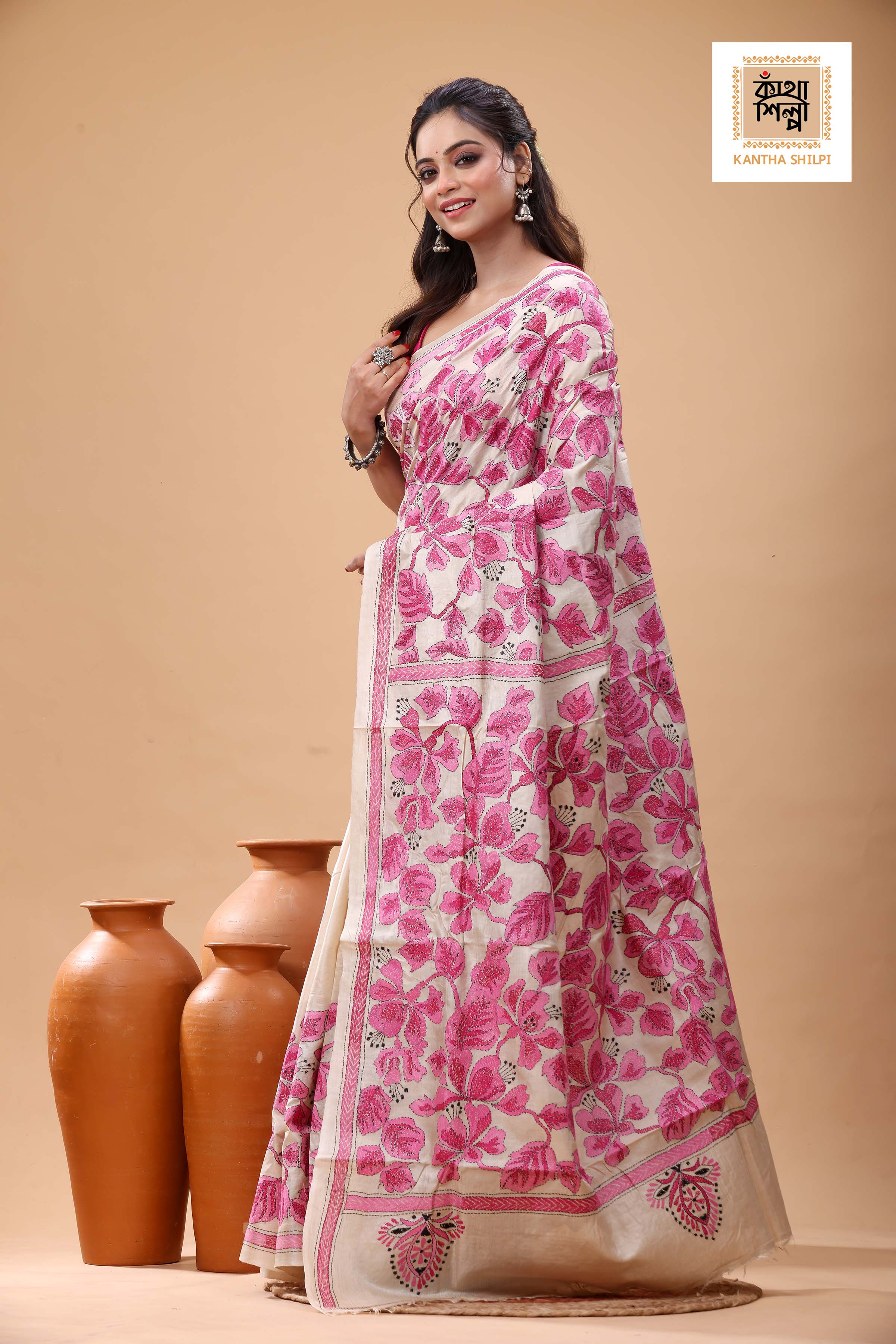 Pure Gachi Tussar Pink Color Thread Work Kantha Stitch Saree