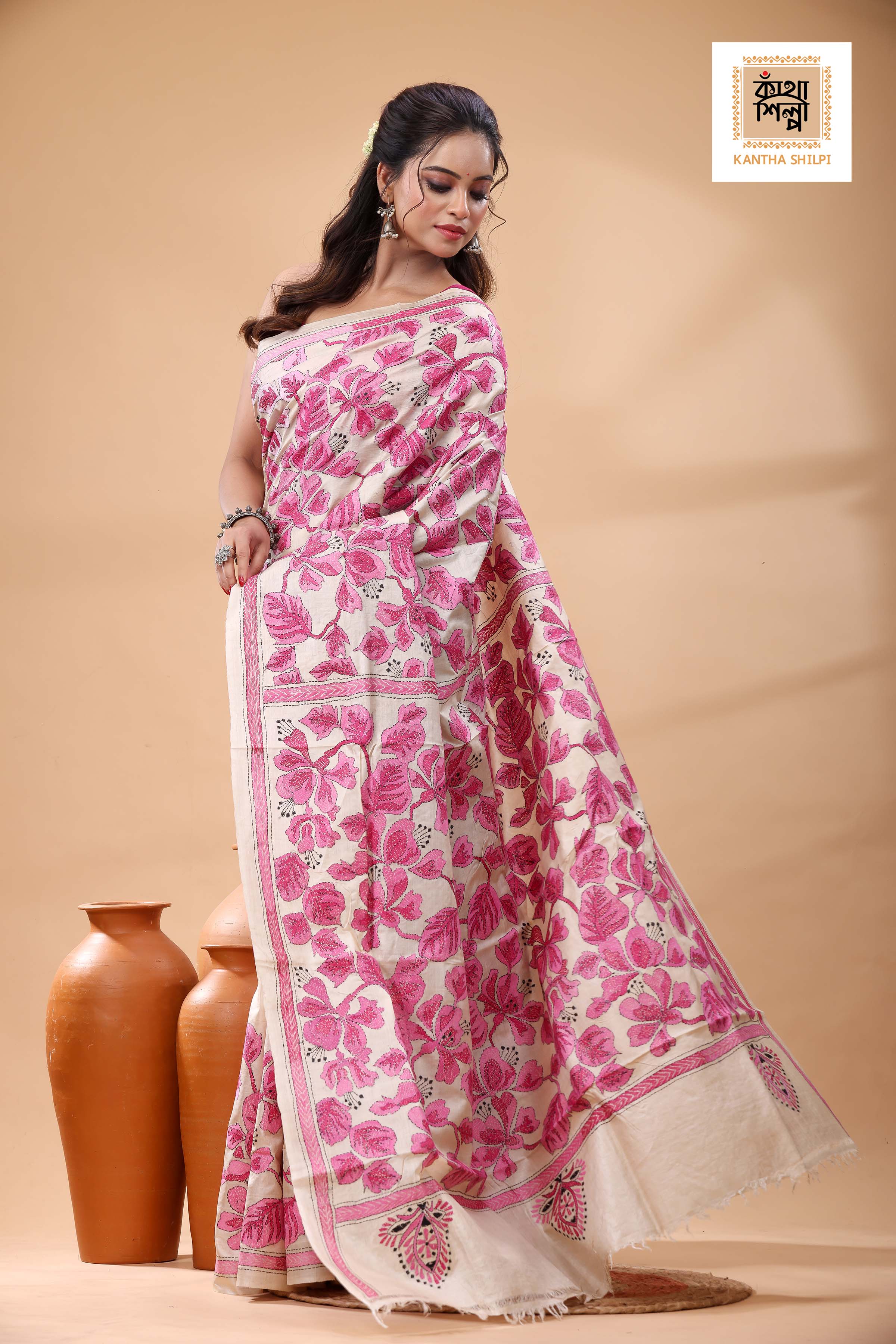 Pure Gachi Tussar Pink Color Thread Work Kantha Stitch Saree