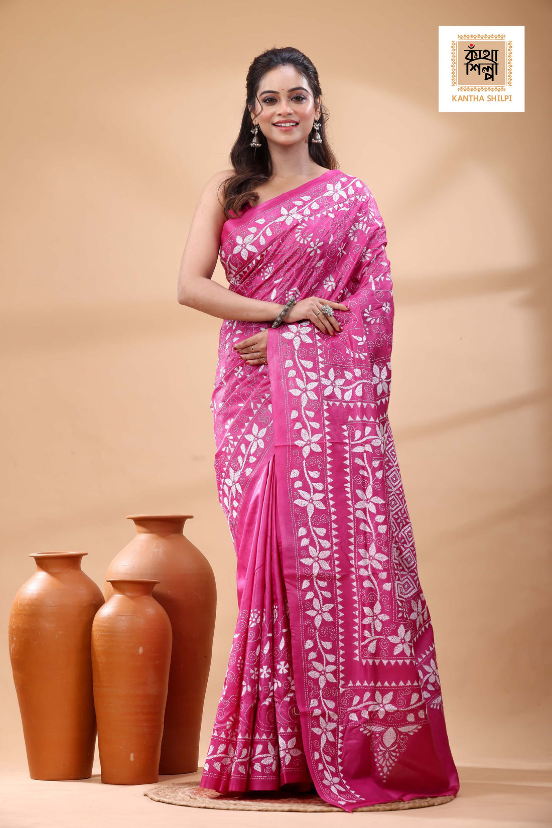 Pure Pink Dye Gachi Tussar White Color Thread Work Kantha Stitch Saree
