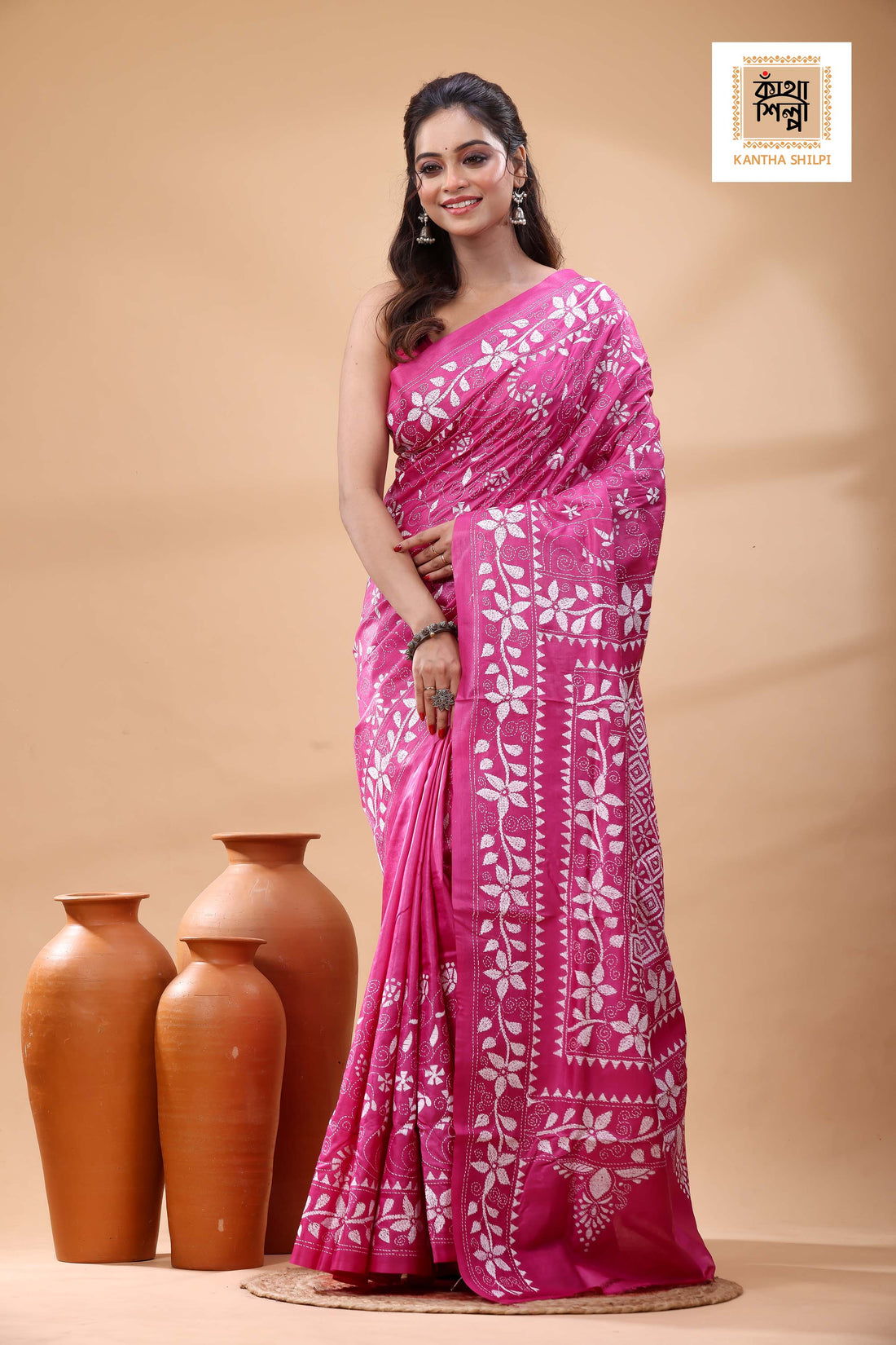 Pure Pink Dye Gachi Tussar White Color Thread Work Kantha Stitch Saree