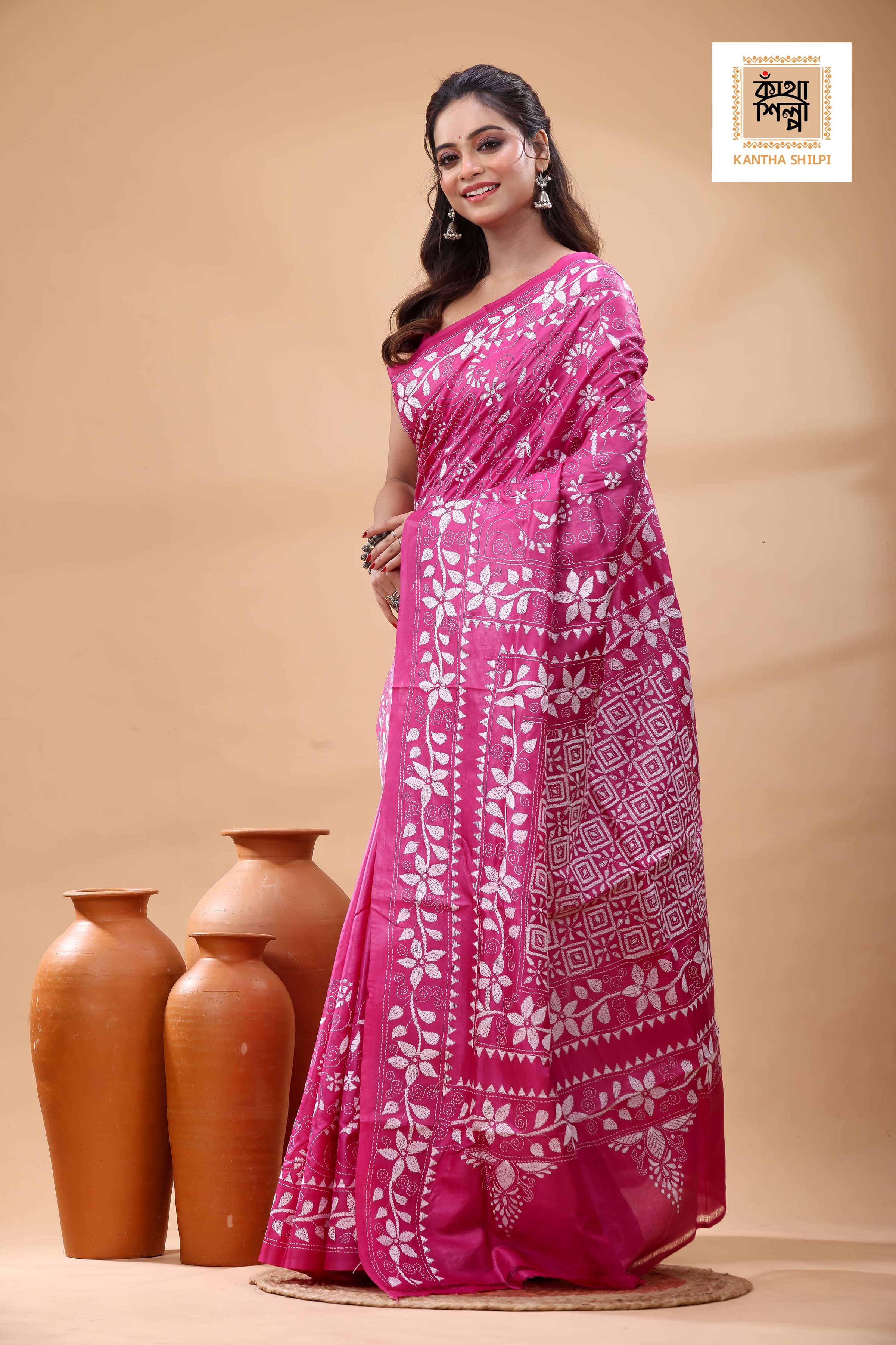 Pure Pink Dye Gachi Tussar White Color Thread Work Kantha Stitch Saree