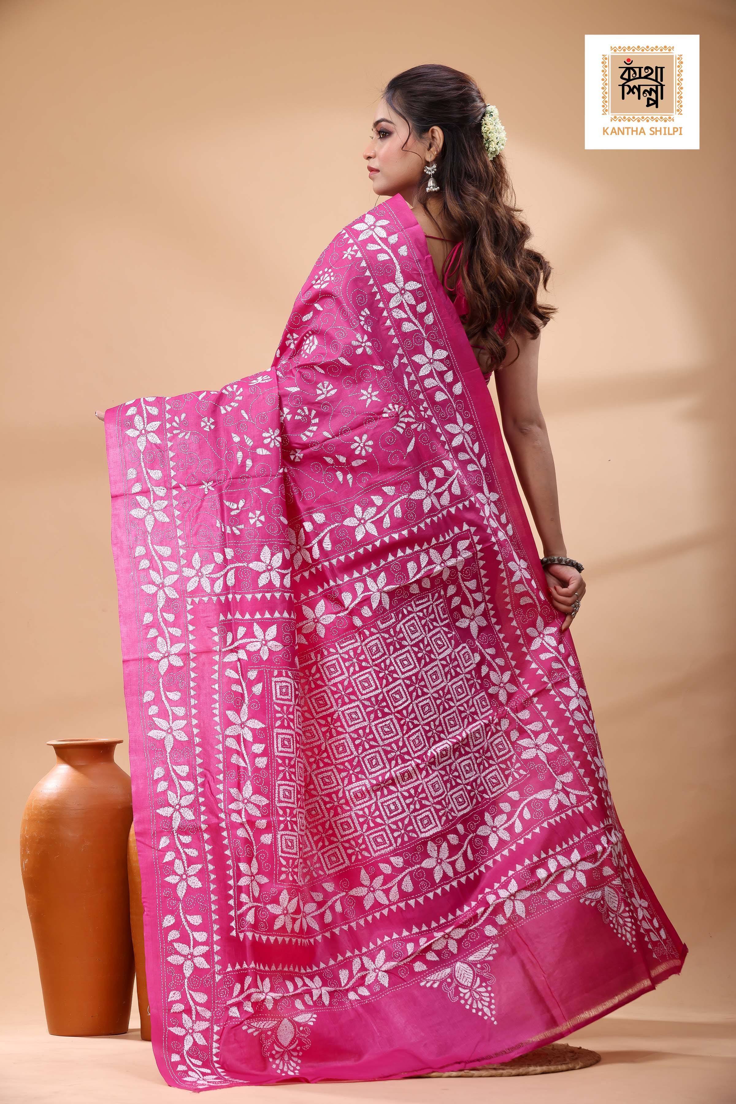Pure Pink Dye Gachi Tussar White Color Thread Work Kantha Stitch Saree