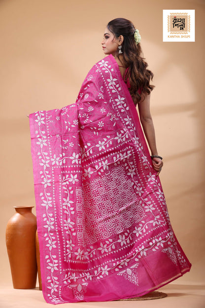 Pure Pink Dye Gachi Tussar White Color Thread Work Kantha Stitch Saree