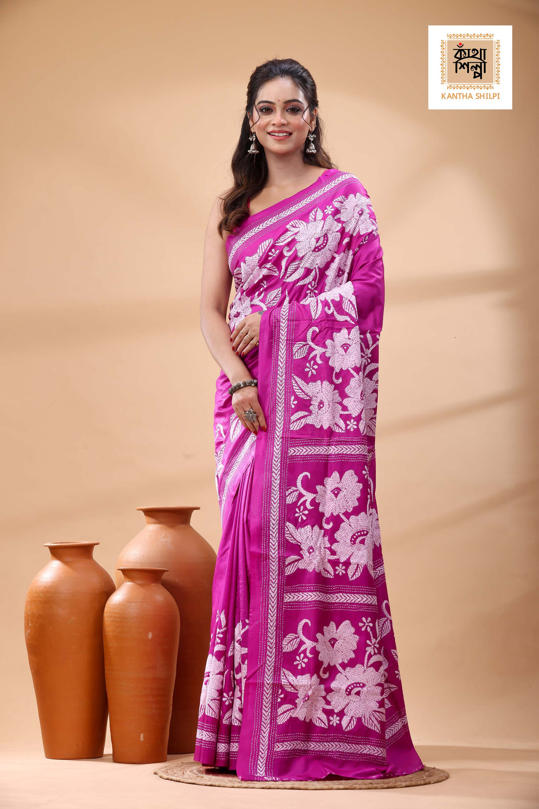 Pure Bangalore Silk White Color Thread Work Kantha Stitch Saree