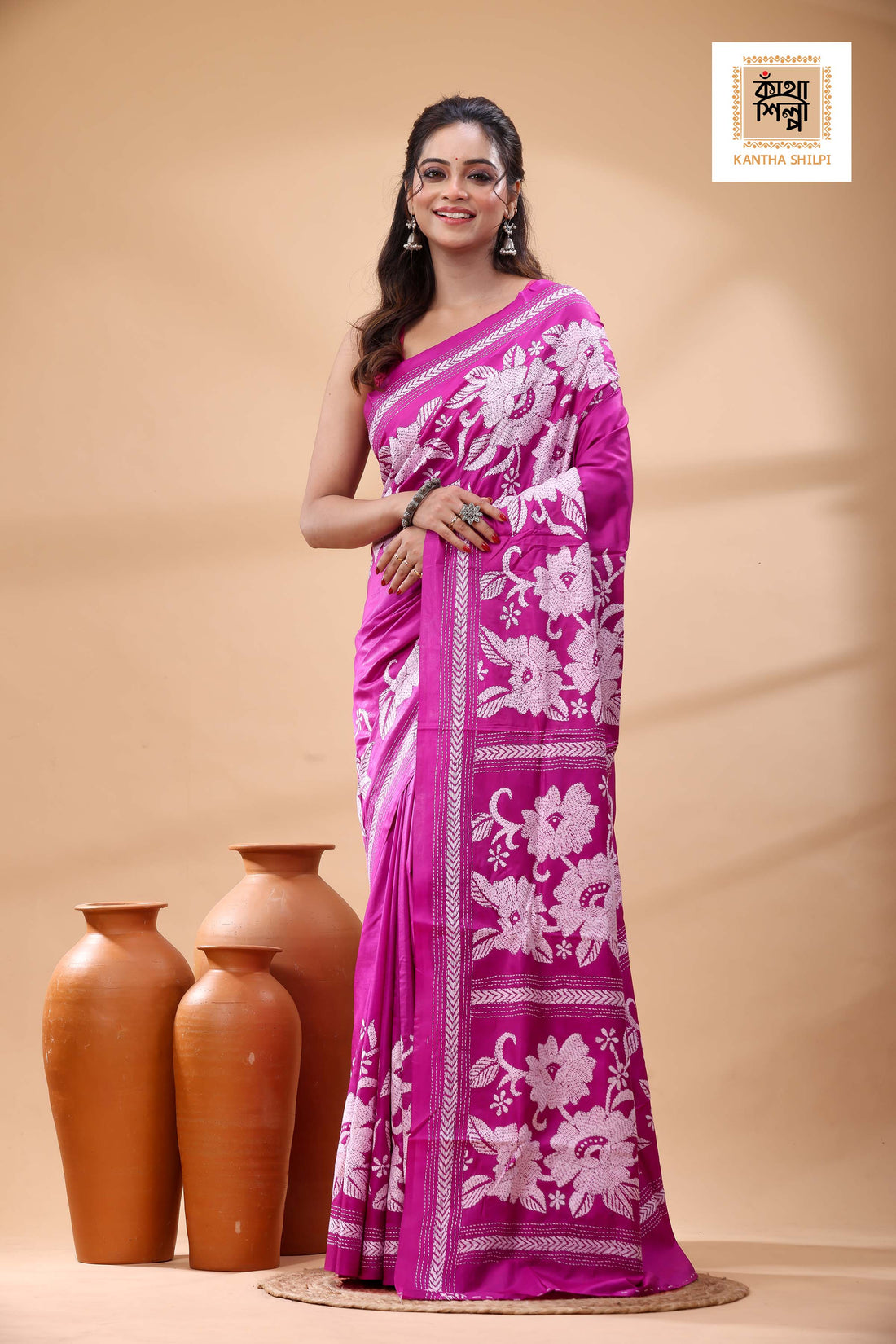 Pure Bangalore Silk White Color Thread Work Kantha Stitch Saree