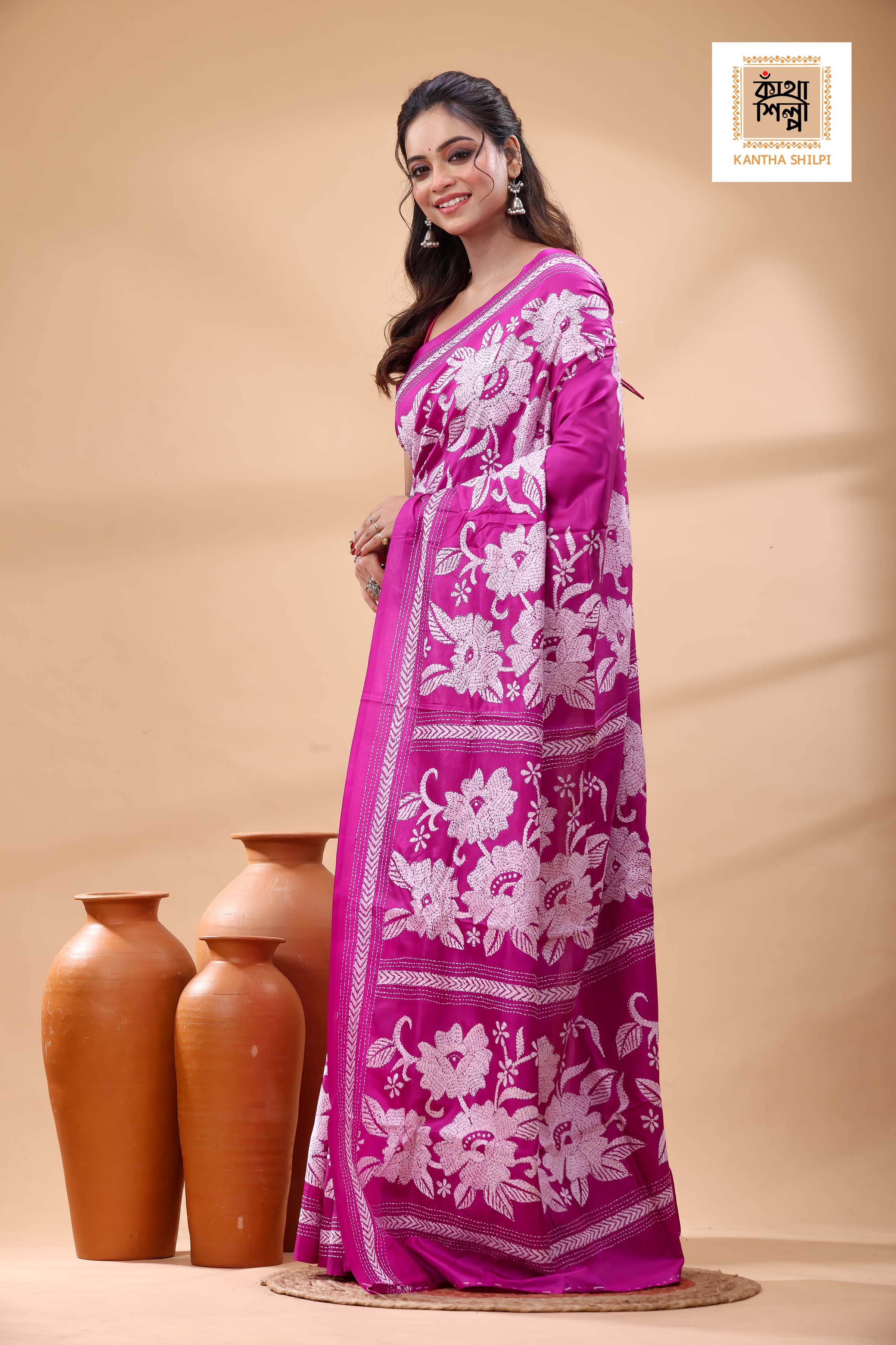 Pure Pink Dye Gachi Tussar White Color Thread Work Kantha Stitch Saree