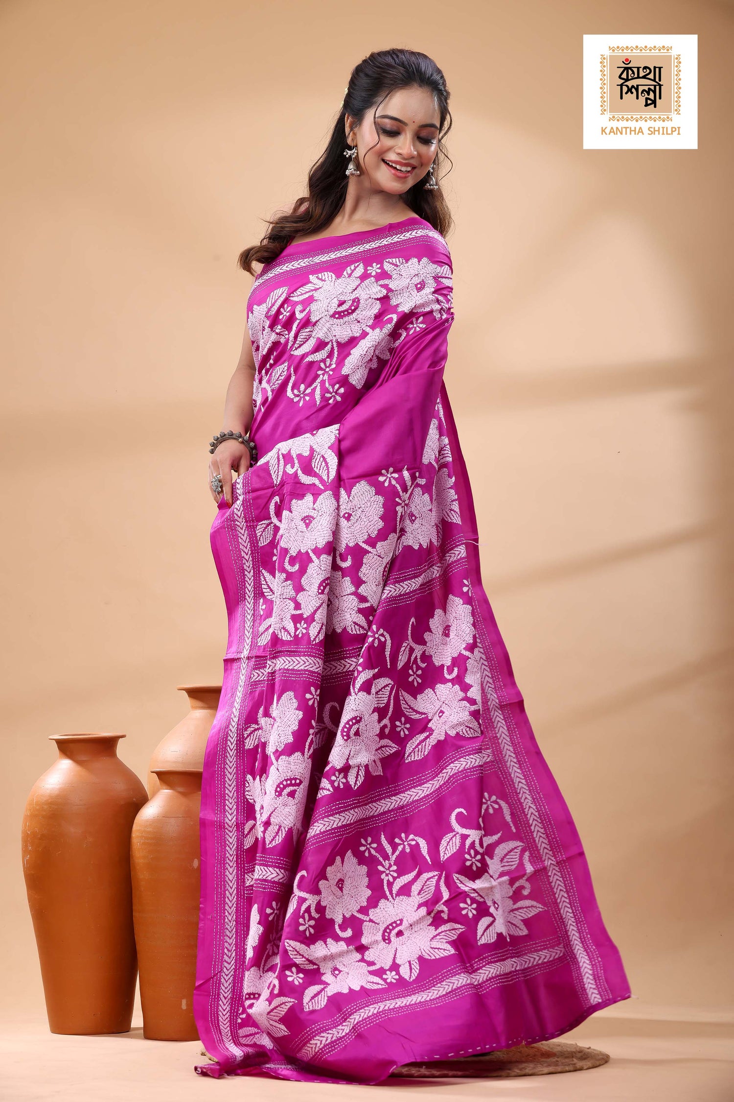 Pure Pink Dye Gachi Tussar White Color Thread Work Kantha Stitch Saree