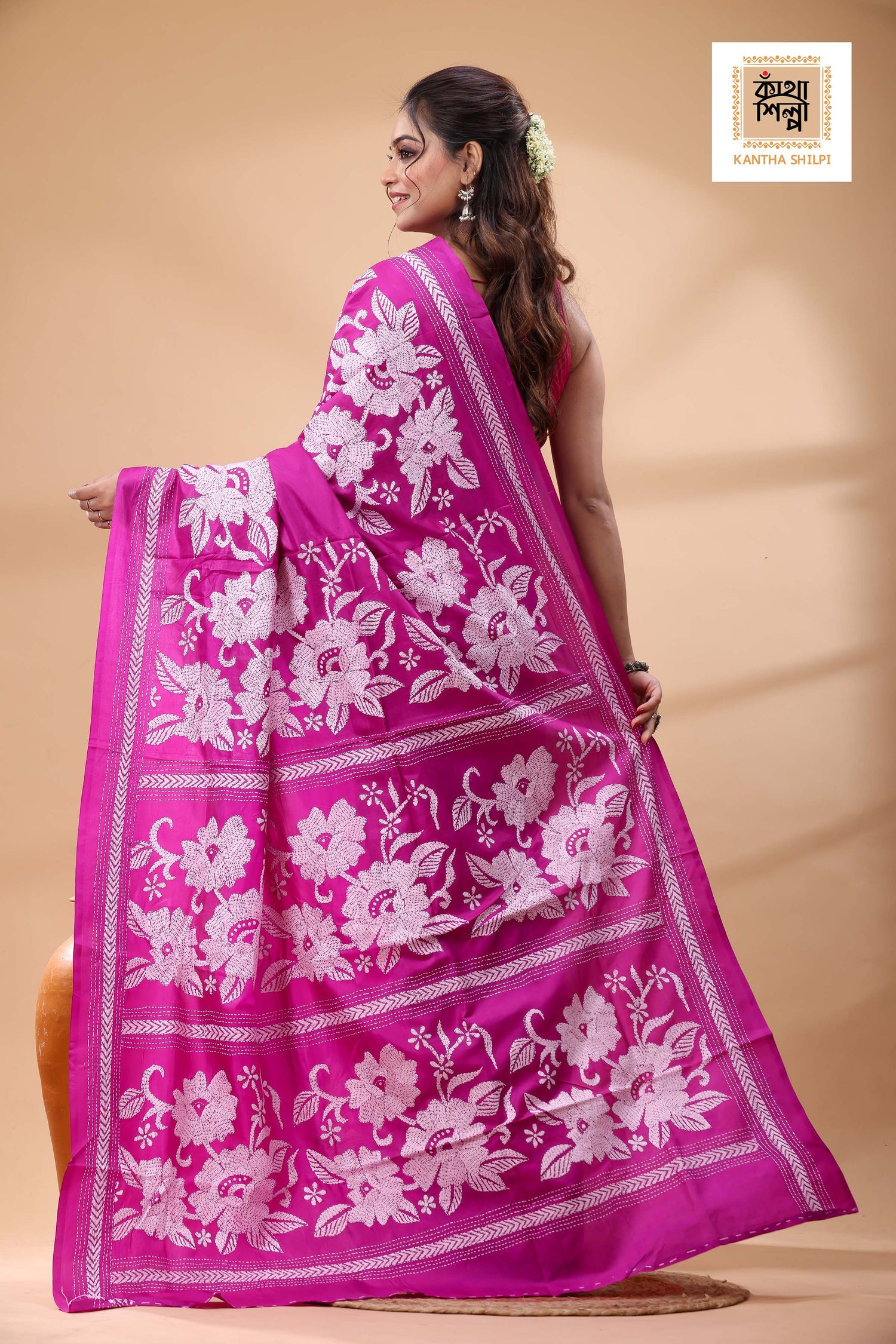 Pure Pink Dye Gachi Tussar White Color Thread Work Kantha Stitch Saree