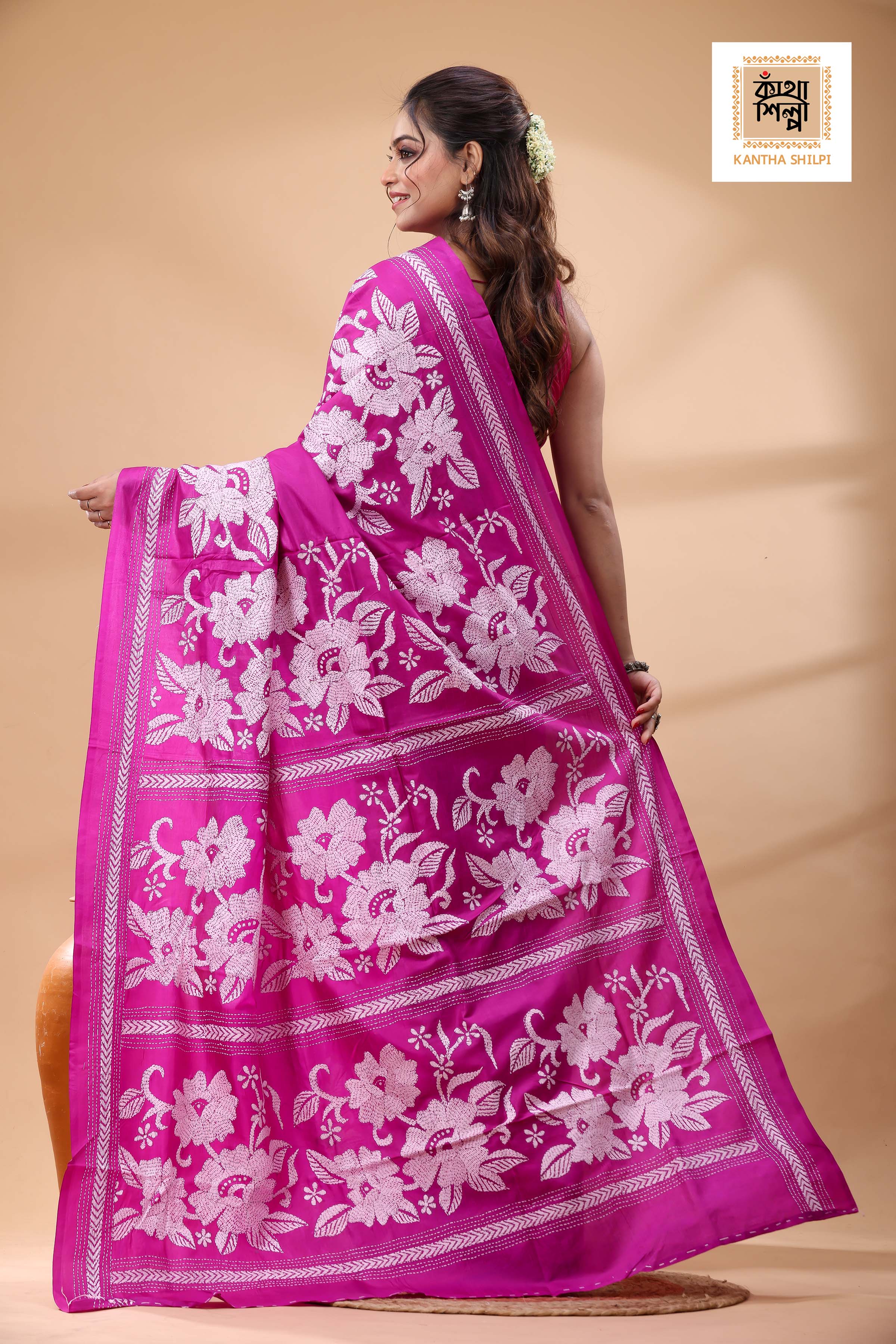 Pure Pink Dye Gachi Tussar White Color Thread Work Kantha Stitch Saree