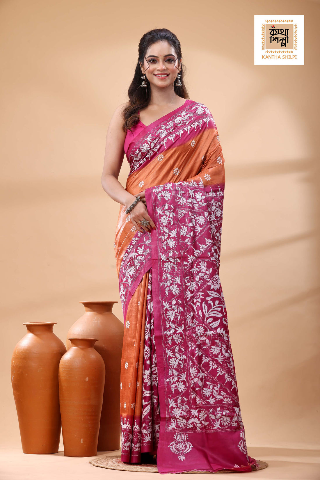 Pure Dye Gachi Tussar White Color Thread Work Kantha Stitch Saree