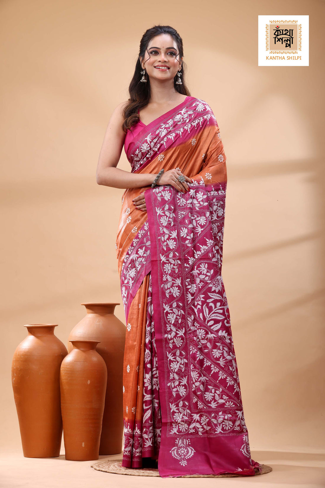 Pure Dye Gachi Tussar White Color Thread Work Kantha Stitch Saree