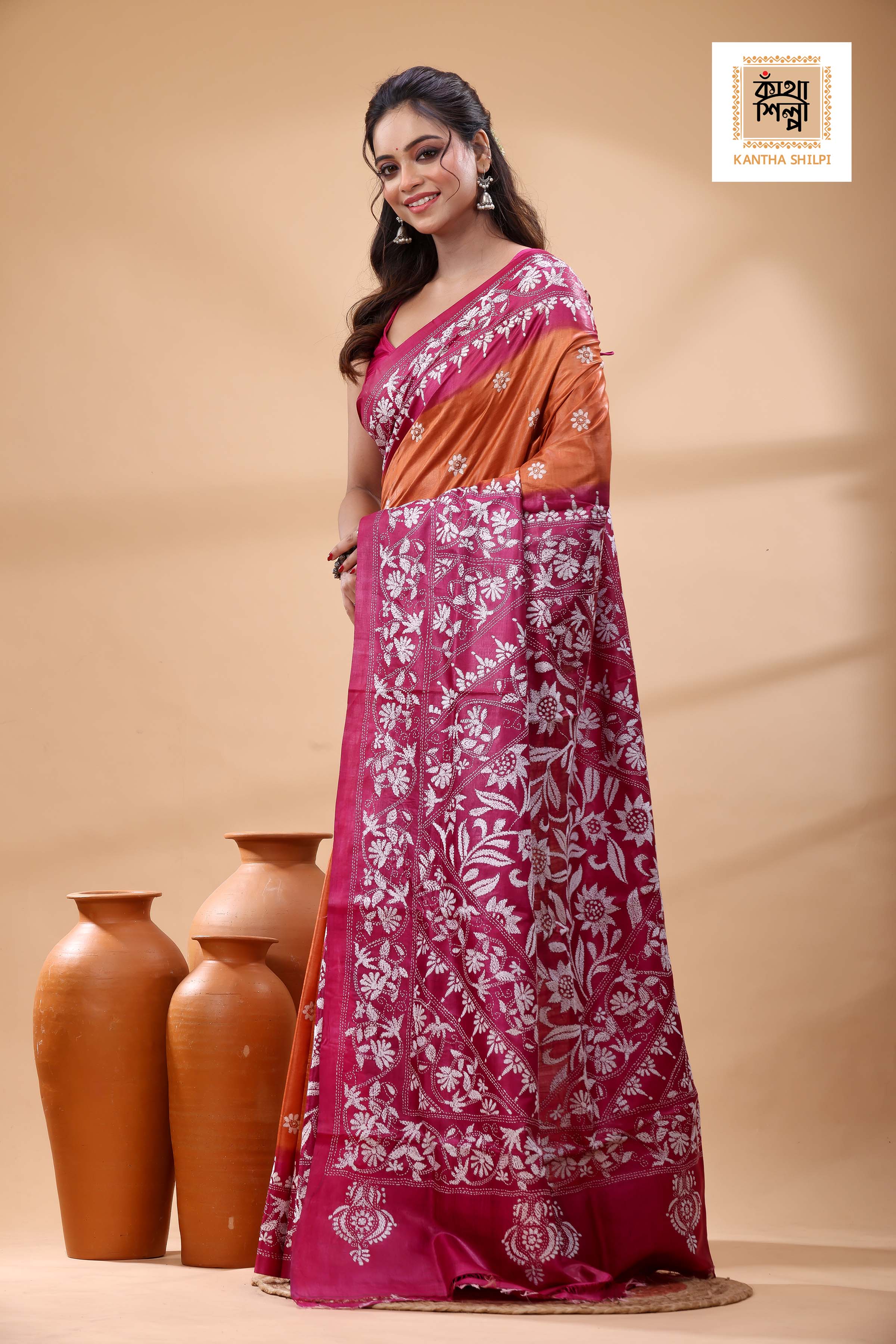 Pure Dye Gachi Tussar White Color Thread Work Kantha Stitch Saree